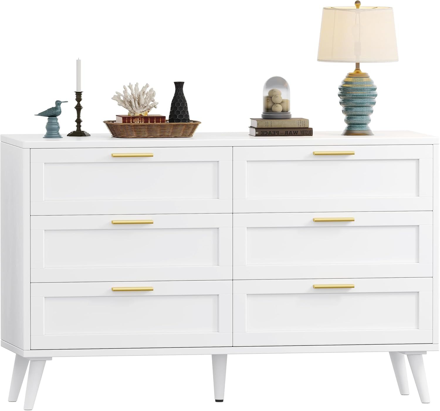 White Double Dresser with Golden Handles and Six Drawers