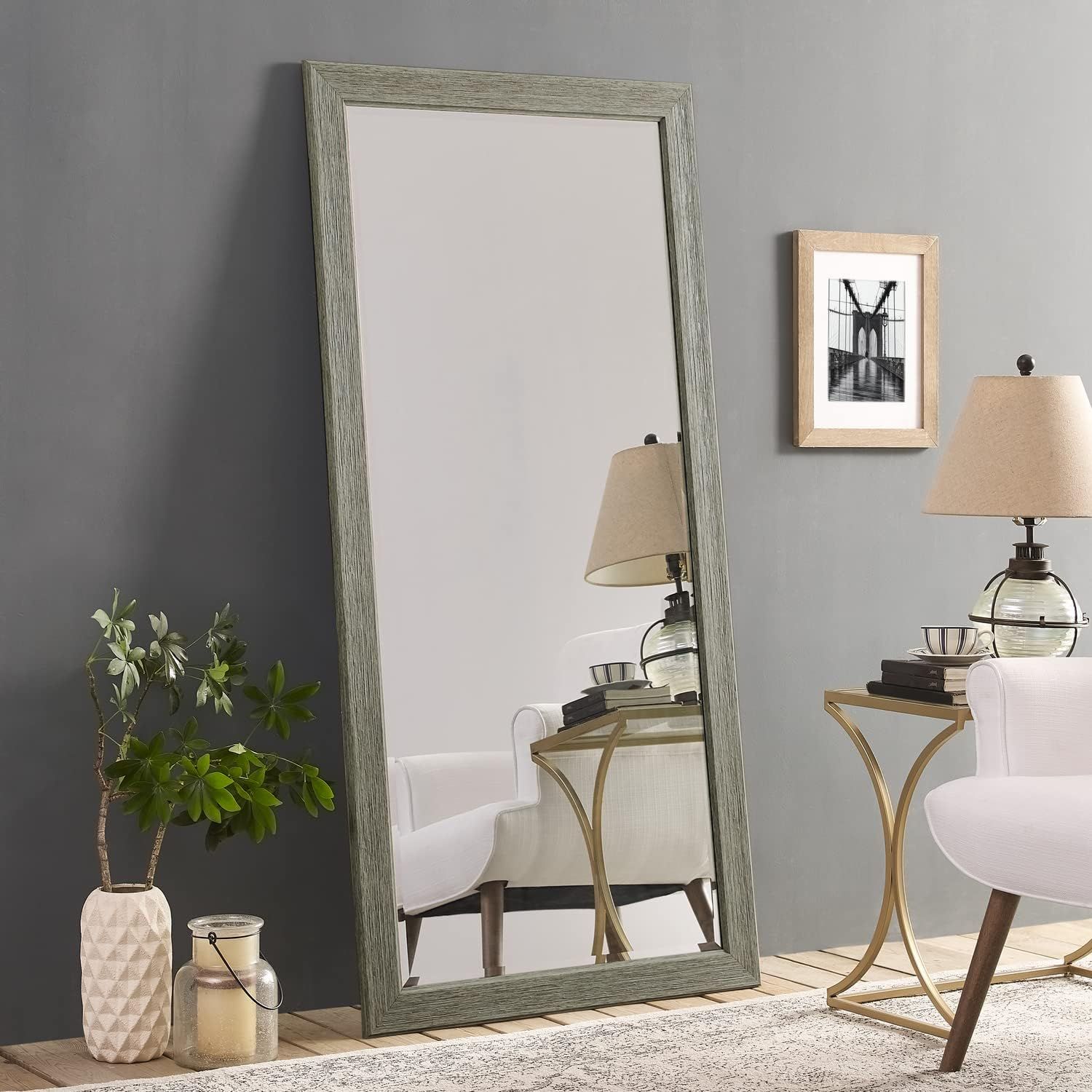 Rustic Green-Gray Full Length Wood Floor Mirror