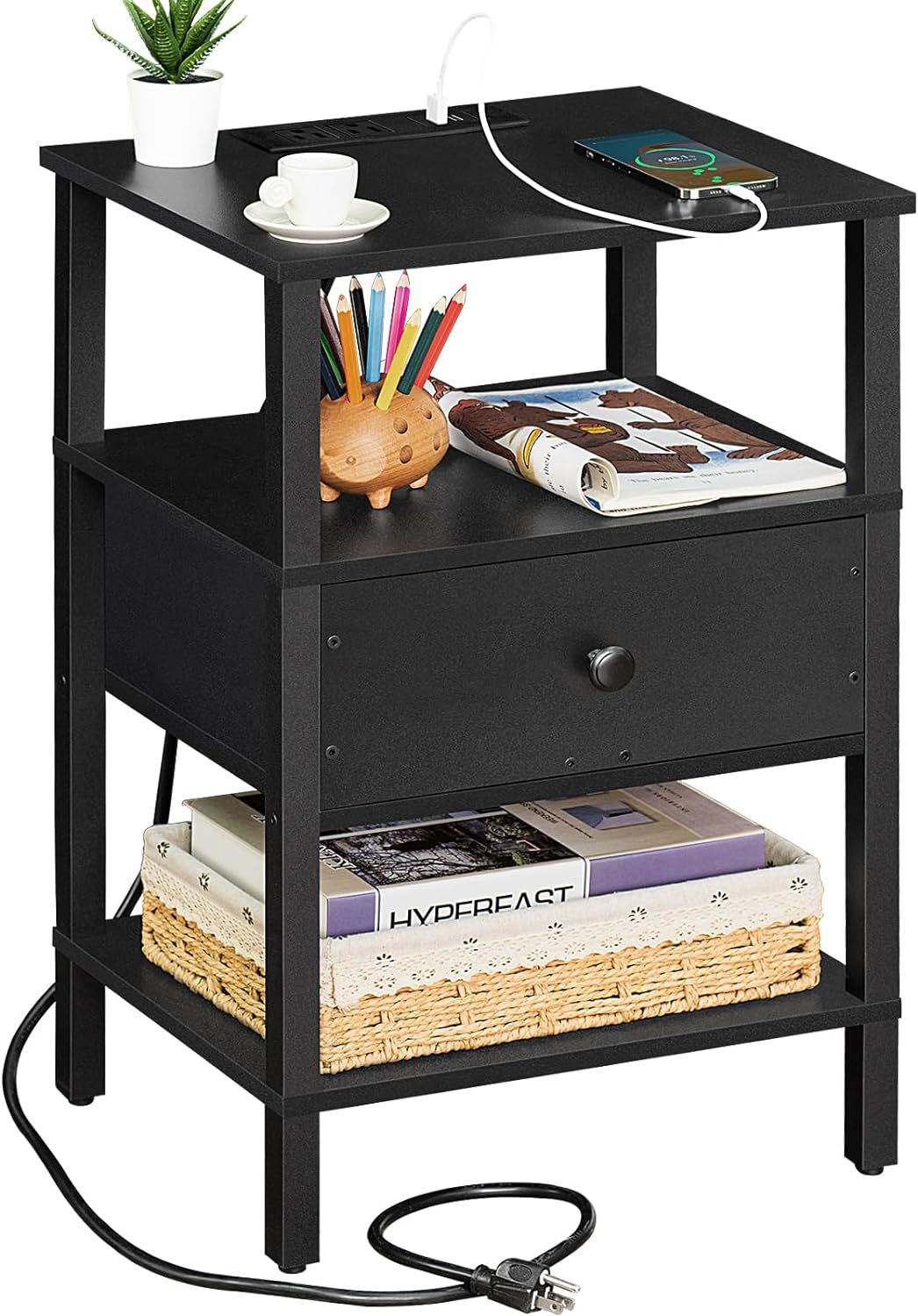 Black Wood 3-Tier Nightstand with Charging Station