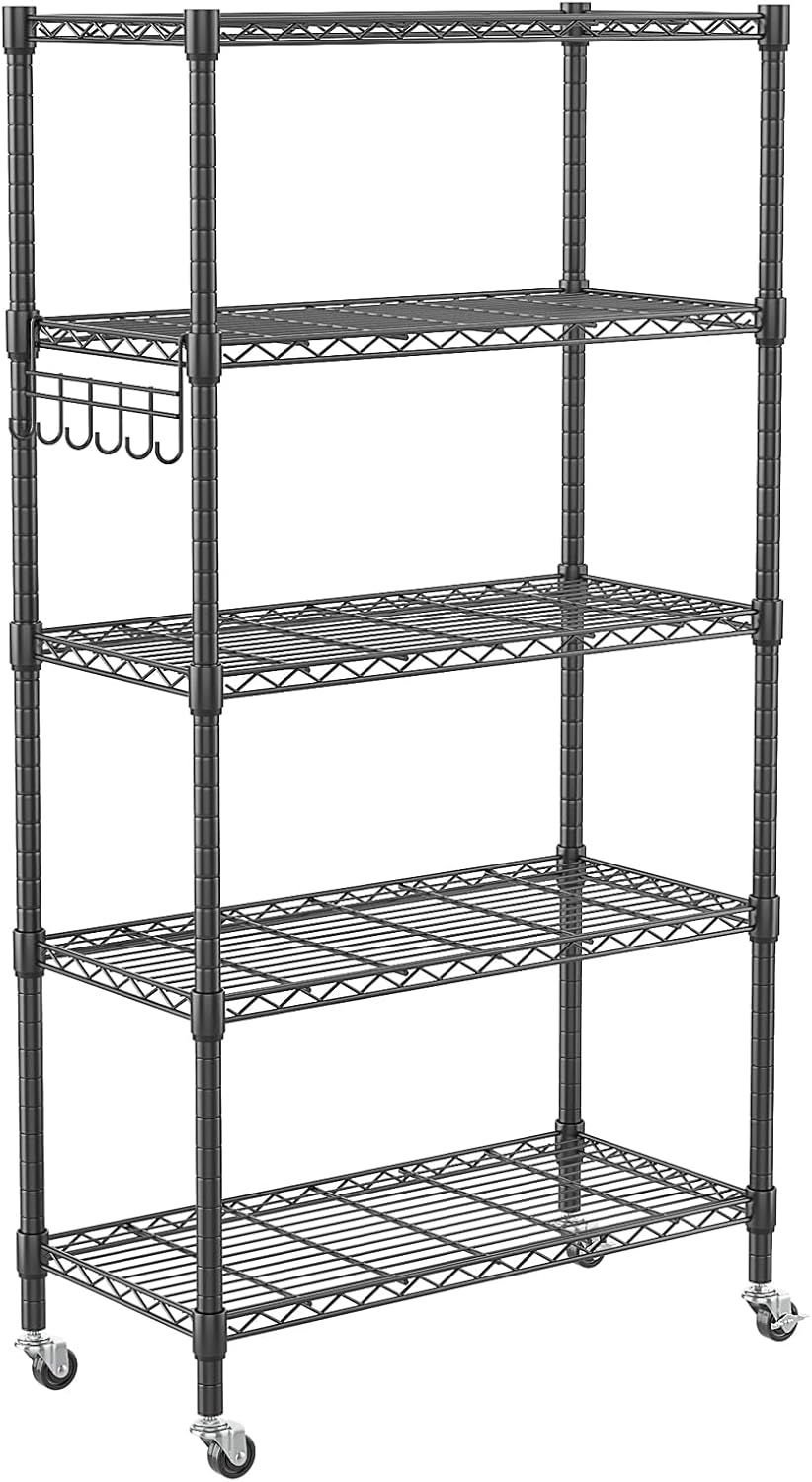 Black 5-Tier Adjustable Metal Wire Shelving Unit with Wheels