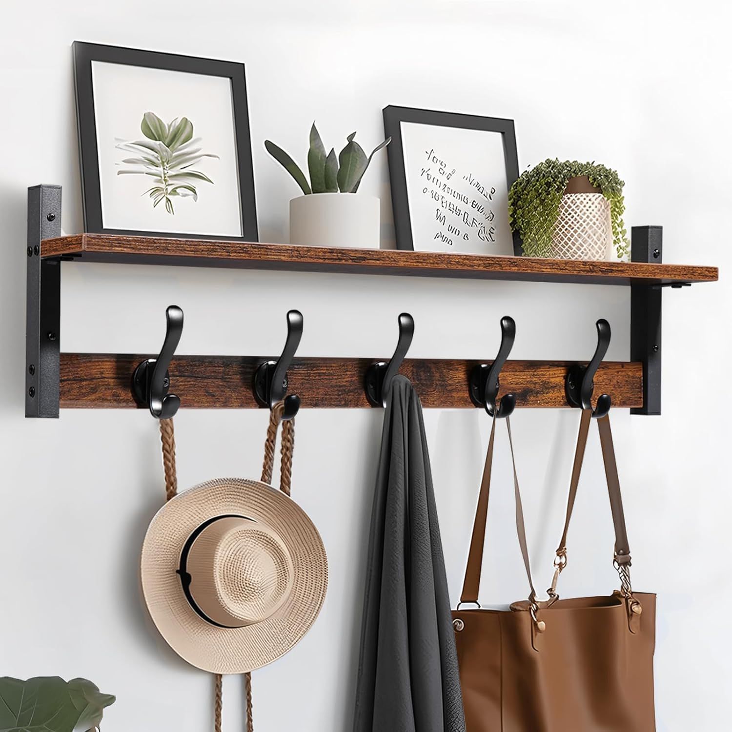 Rustic Brown and Black Wall Mounted Coat Rack with Shelf and 5 Hooks