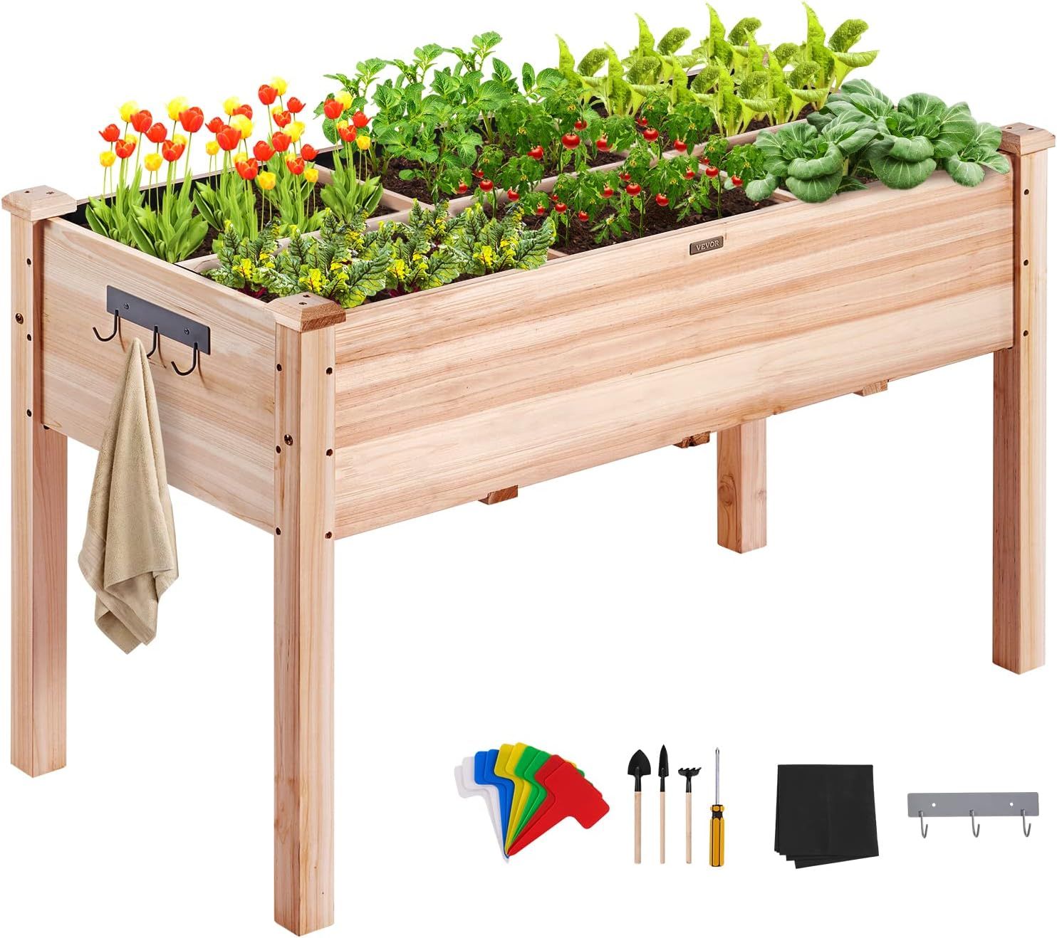 Natural Fir Wood Elevated Garden Bed with Tools and Liner