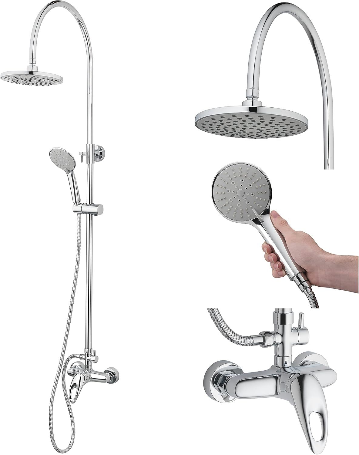 Chrome Wall Mounted Outdoor Shower Kit with Rain and Handheld Heads