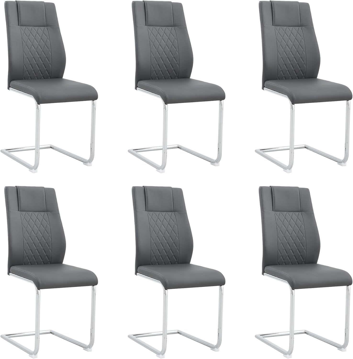 Grey Faux Leather Upholstered Side Chair with Metal Legs, Set of 6