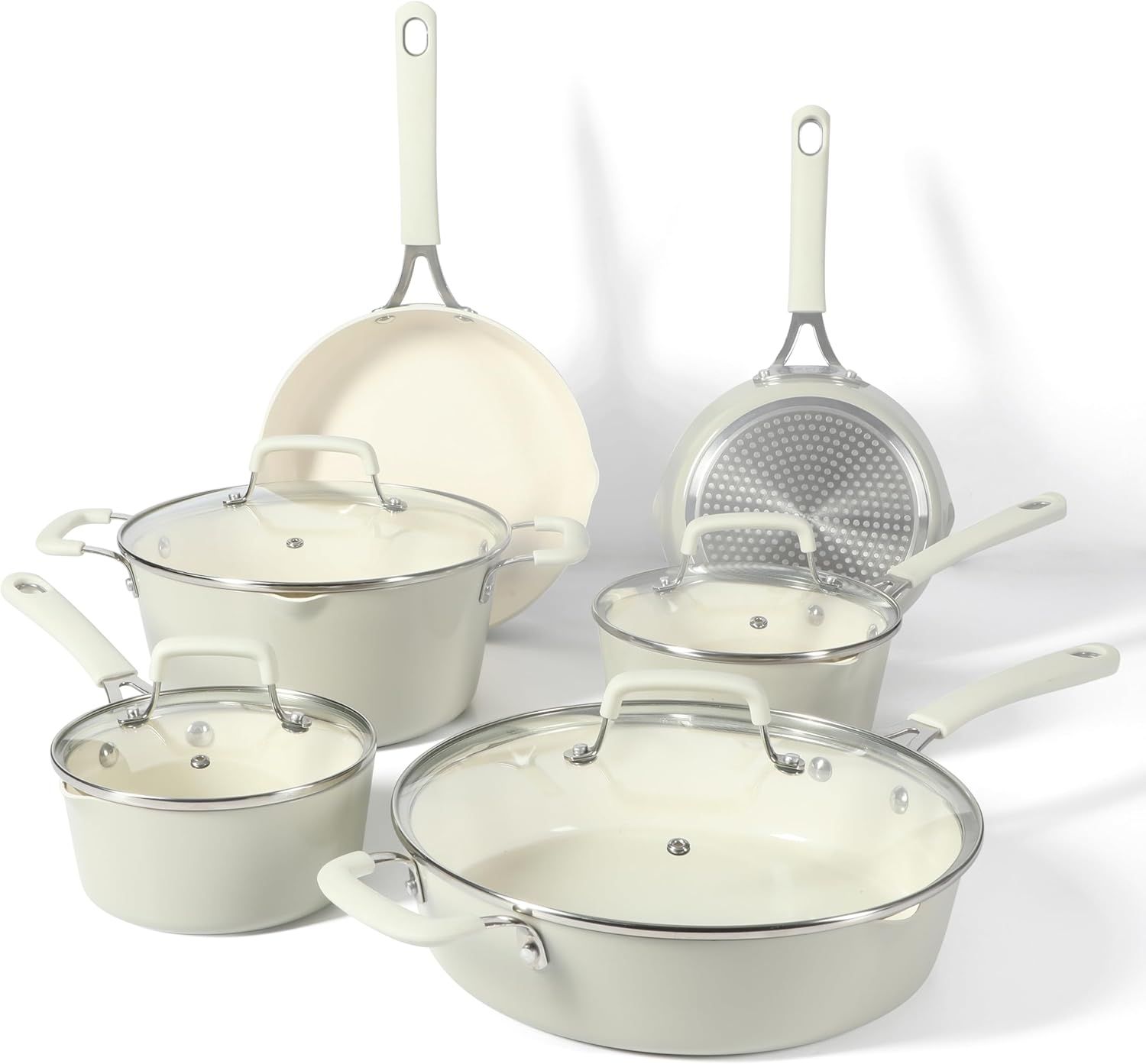 Linen White 10-Piece Nonstick Aluminum Cookware Set with Ceramic Interior