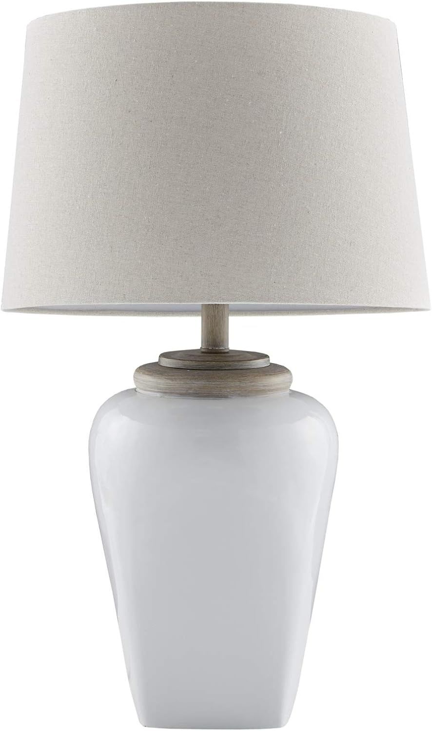 White Ceramic Table Lamp with Light Wood Accents and Empire Shade