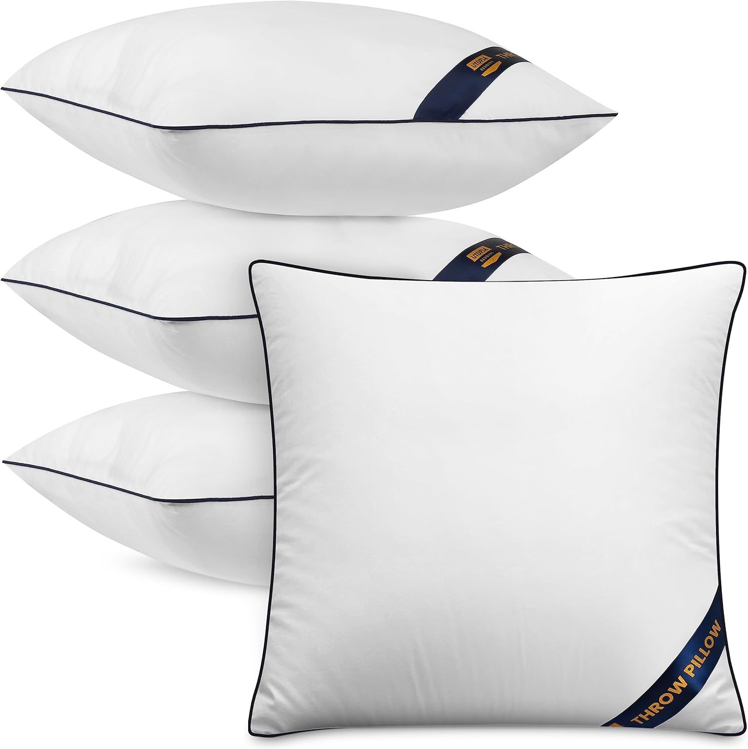 White 18x18 Inch Decorative Throw Pillow Inserts with Navy Piping, Set of 4