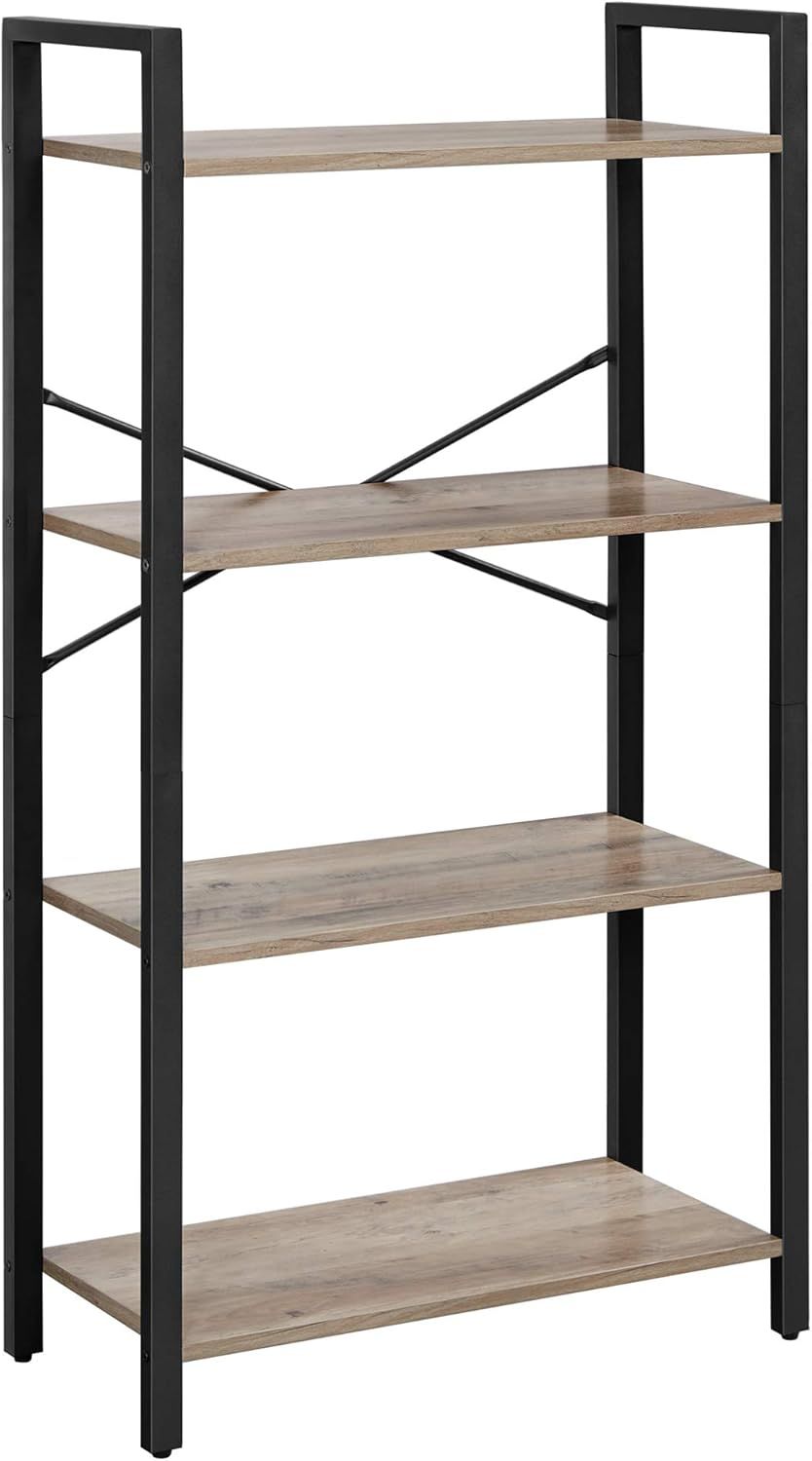 Greige and Black 4-Tier Industrial Bookshelf with Steel Frame