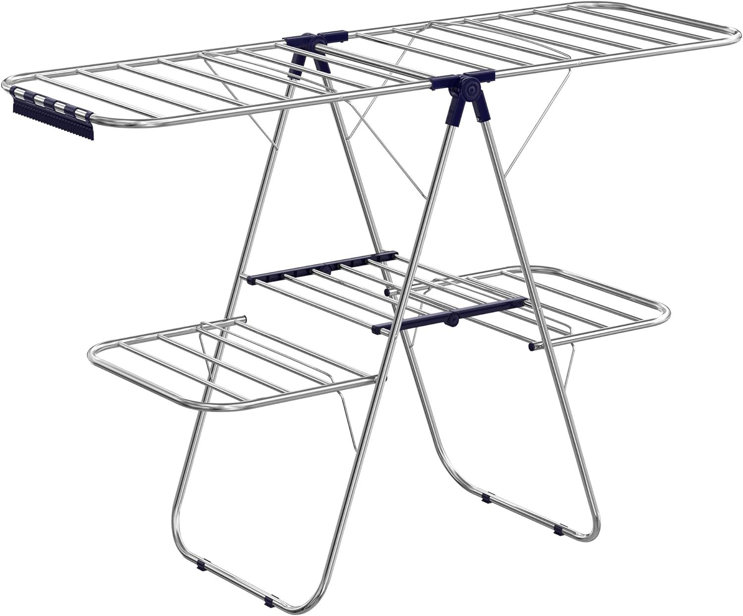 Foldable Silver and Blue 2-Level Clothes Drying Rack with Adjustable Wings