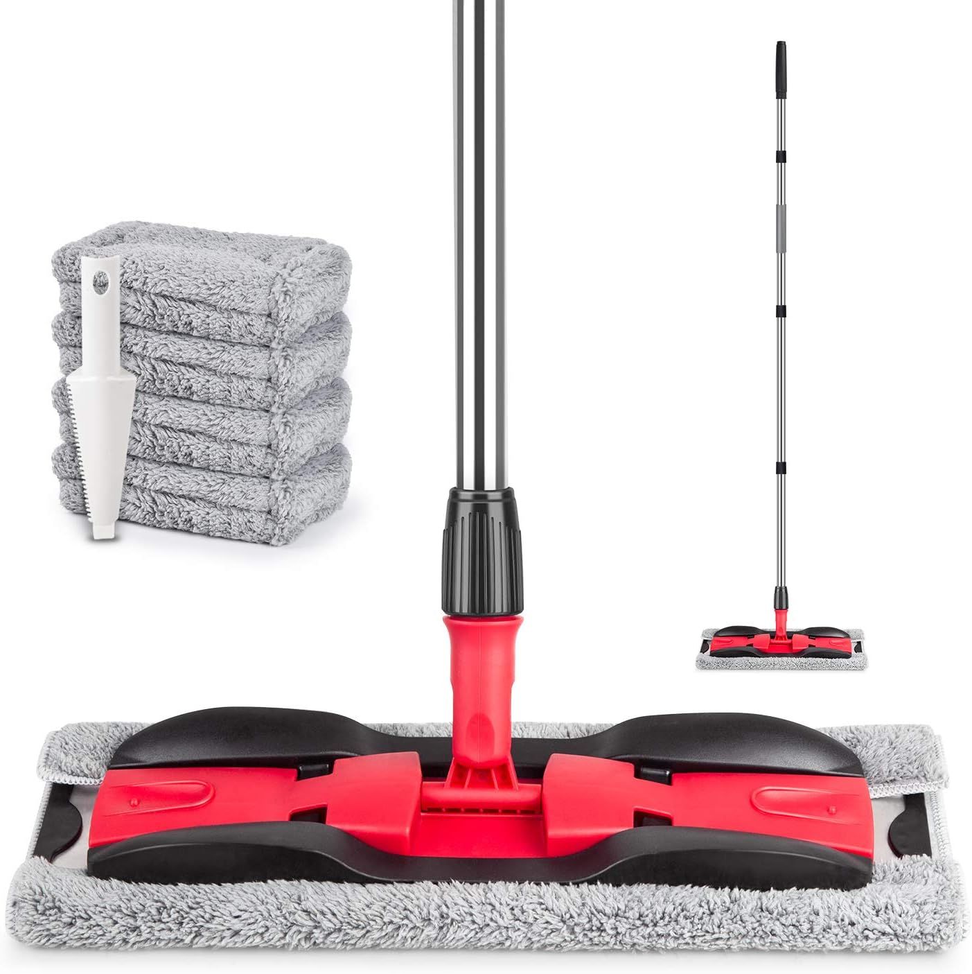 Red and Black Microfiber Flat Mop with Reusable Pads