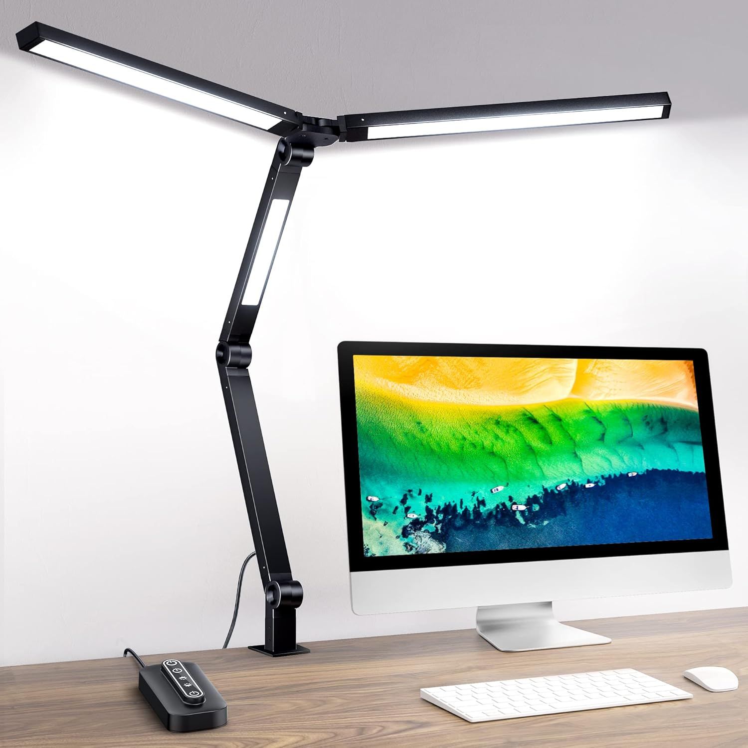 Adjustable Black LED Desk Lamp with Clamp and Control Box