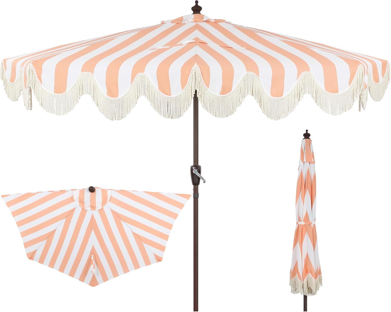 Coral Pink and White Striped Aluminum Patio Umbrella with Fringe
