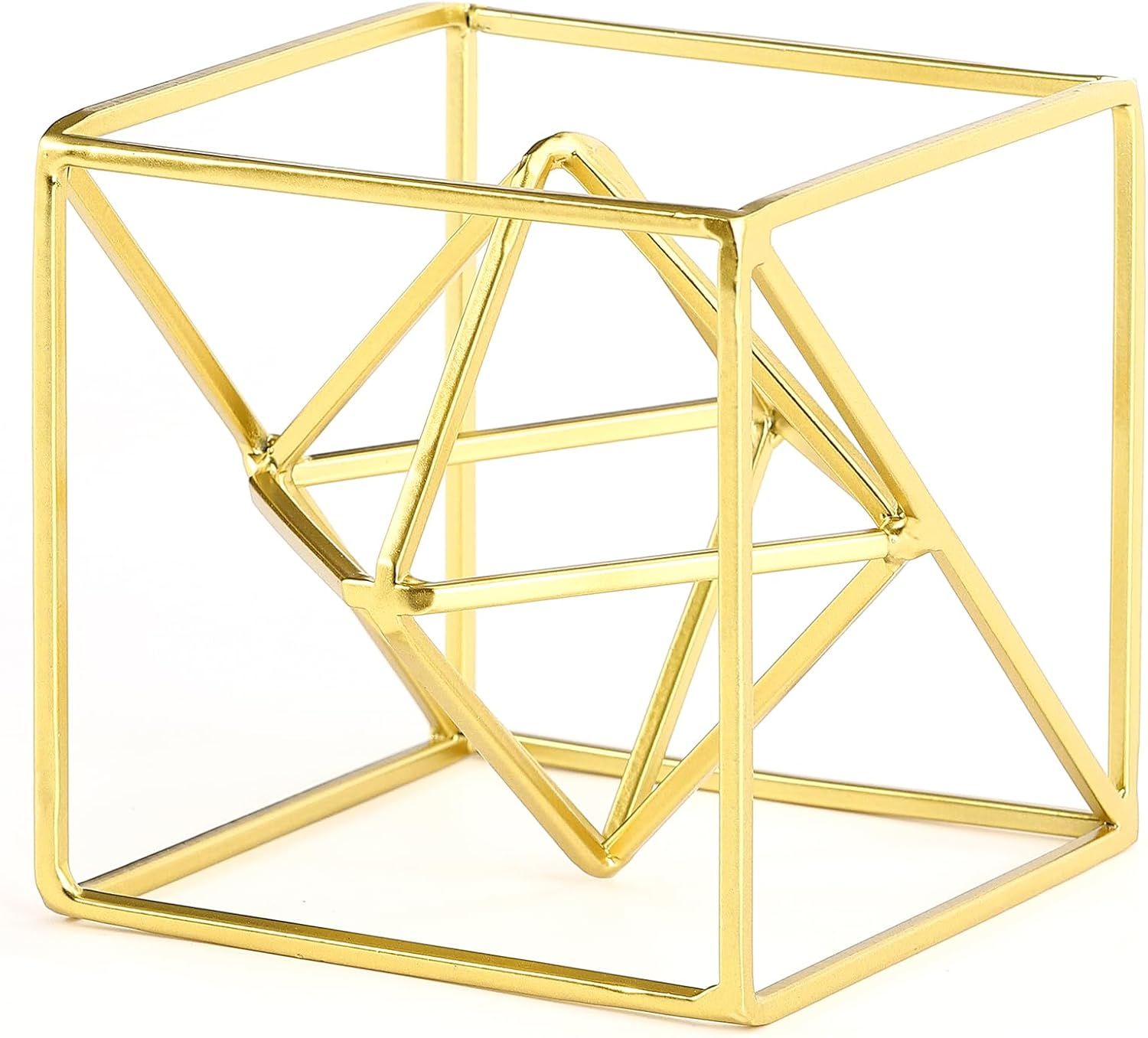 Gold Metal Geometric Square Sculpture with Inner Orb, 4.72"