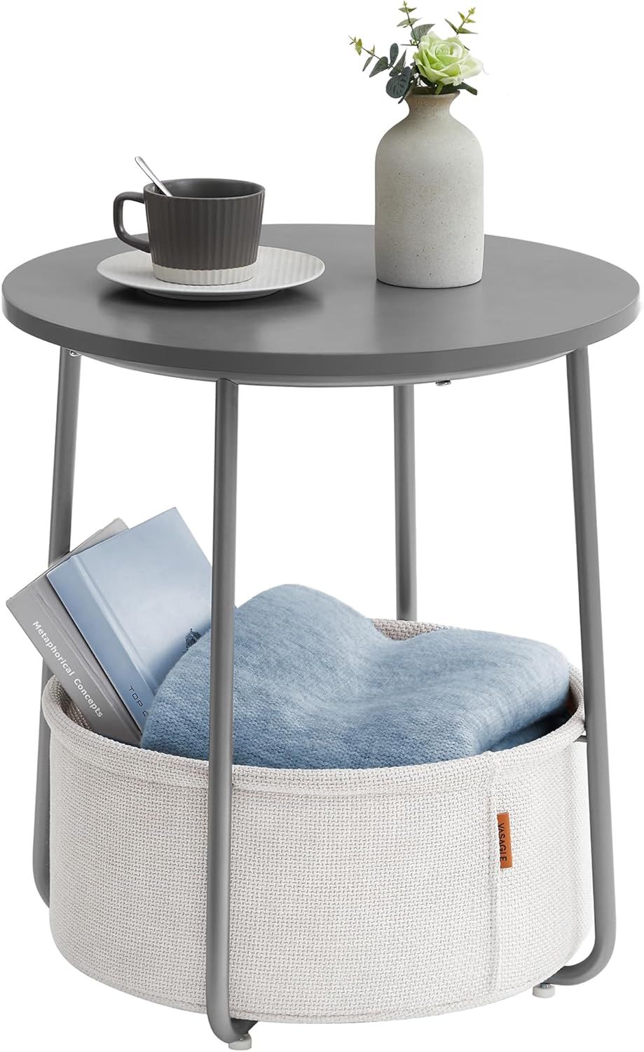 Cement Gray Round Metal End Table with Fabric Basket