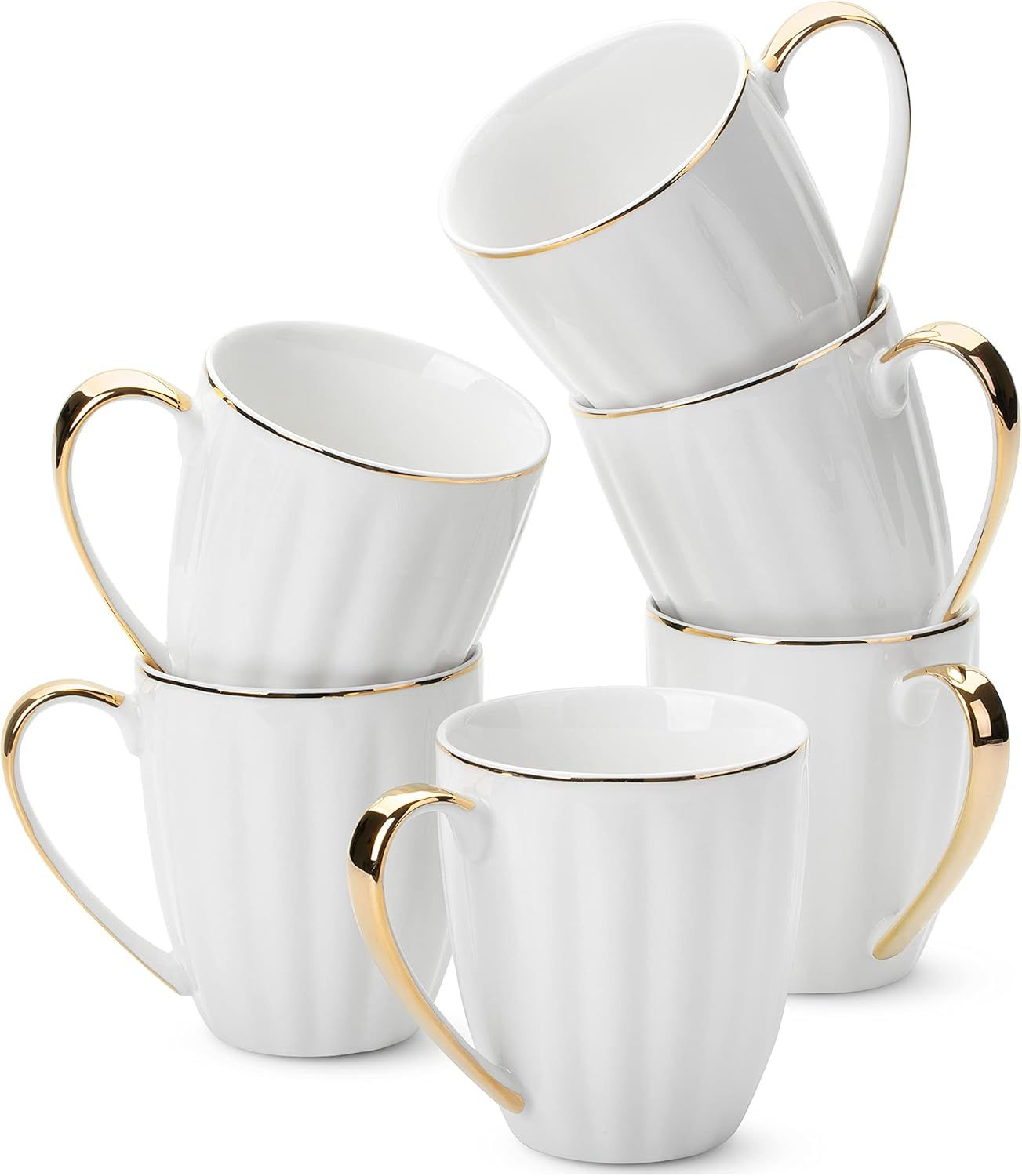 White Porcelain Coffee Mugs with Gold Trim, Set of 6