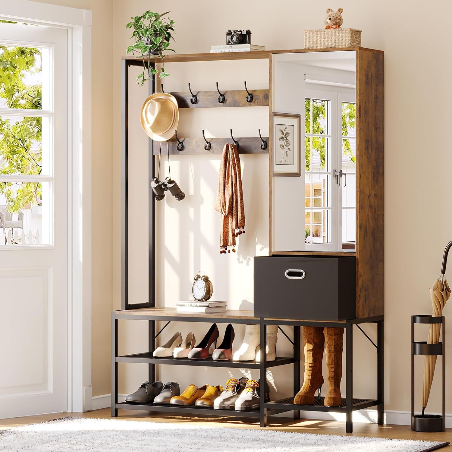 Rustic Brown Hall Tree with Mirror Cabinet and Shoe Storage