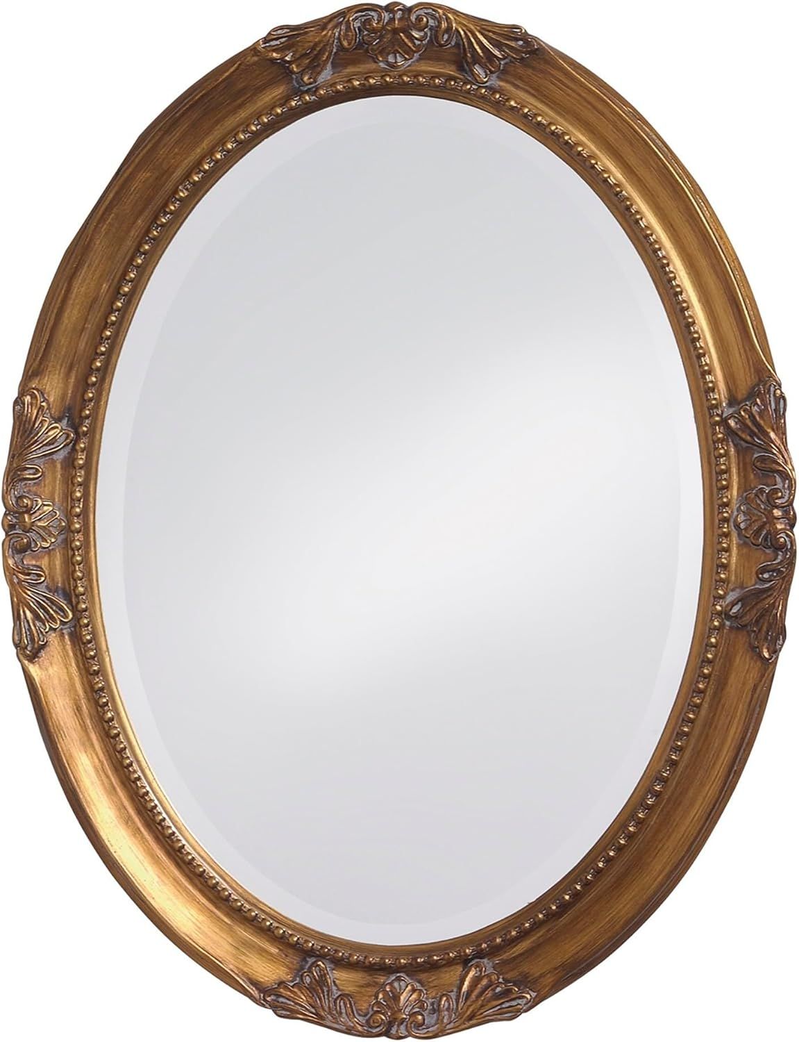 Antique Gold Oval Wood Frame Mirror with Beaded Details