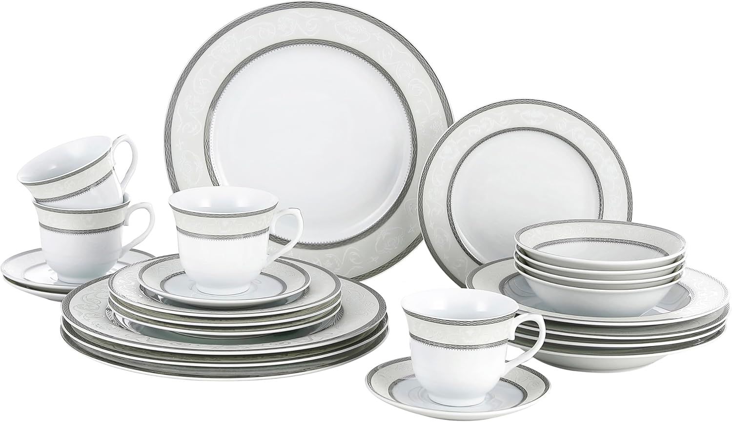 Silver Floral Porcelain 24-Piece Dinnerware Set, Service for 4