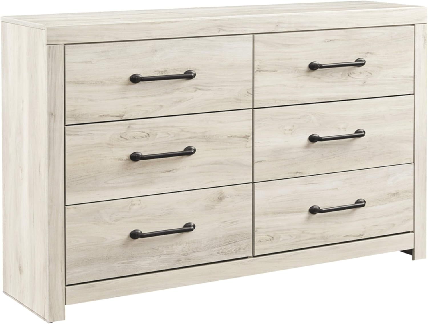 Whitewash Farmhouse 6-Drawer Dresser with Black Handles