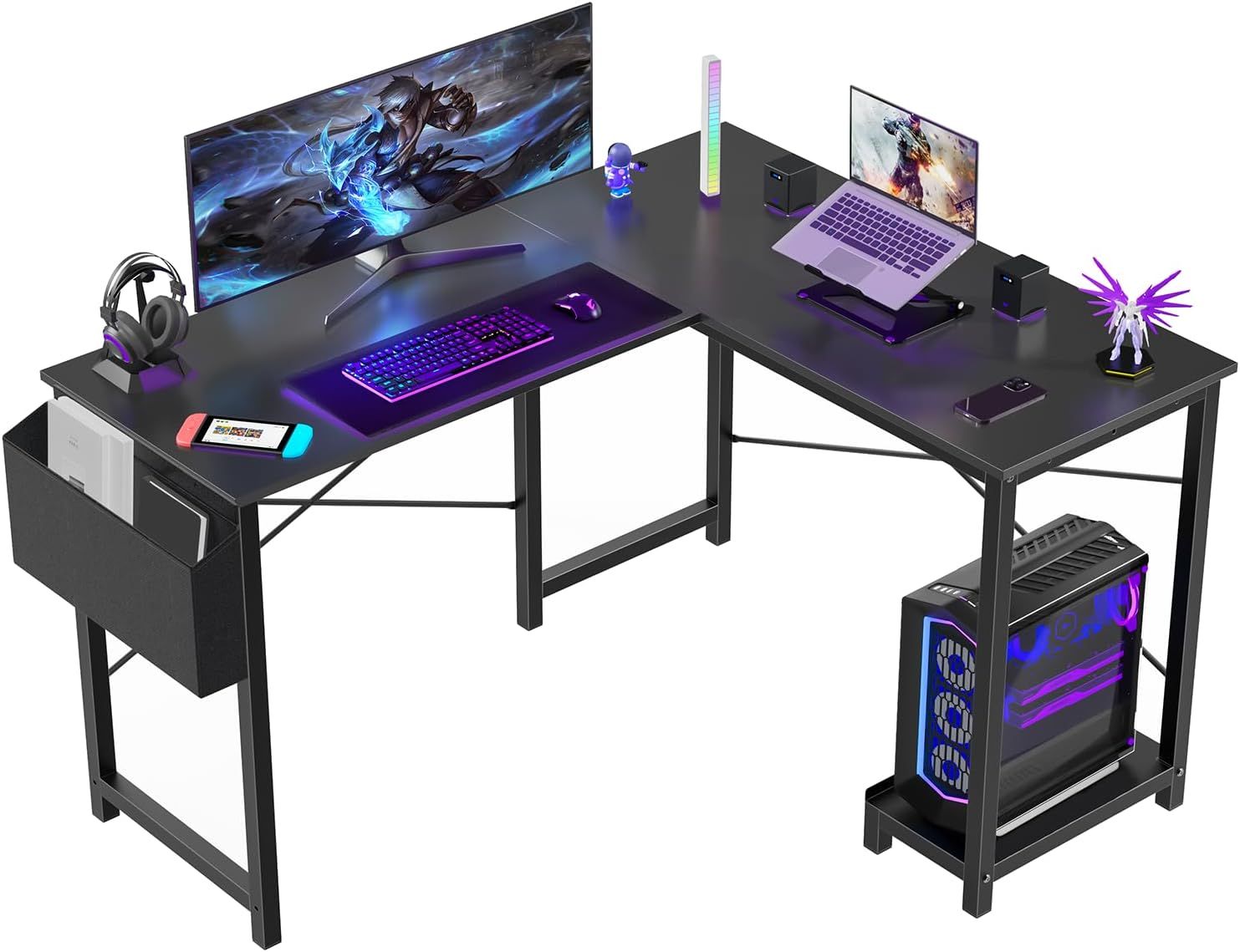 Black L-Shaped Gaming Desk with Headphone Hook and Wood Finish