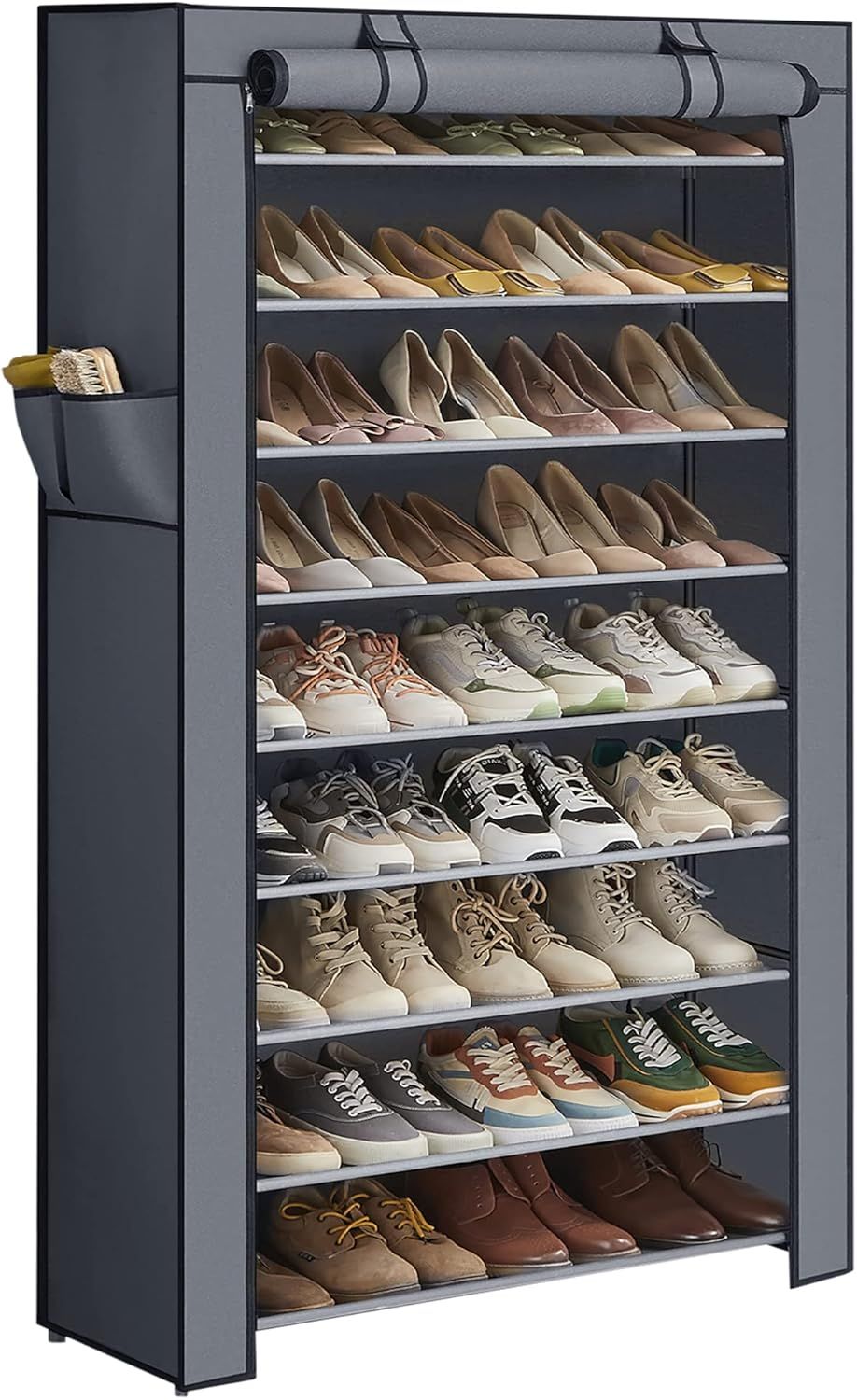 Gray 9-Tier Fabric and Metal Shoe Rack with Cover