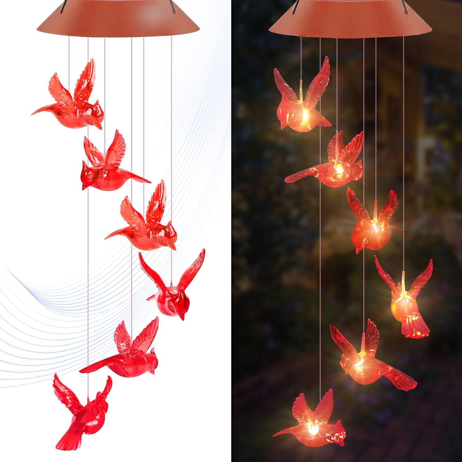 Solar-Powered Red Bird Wind Chimes with LED Lights