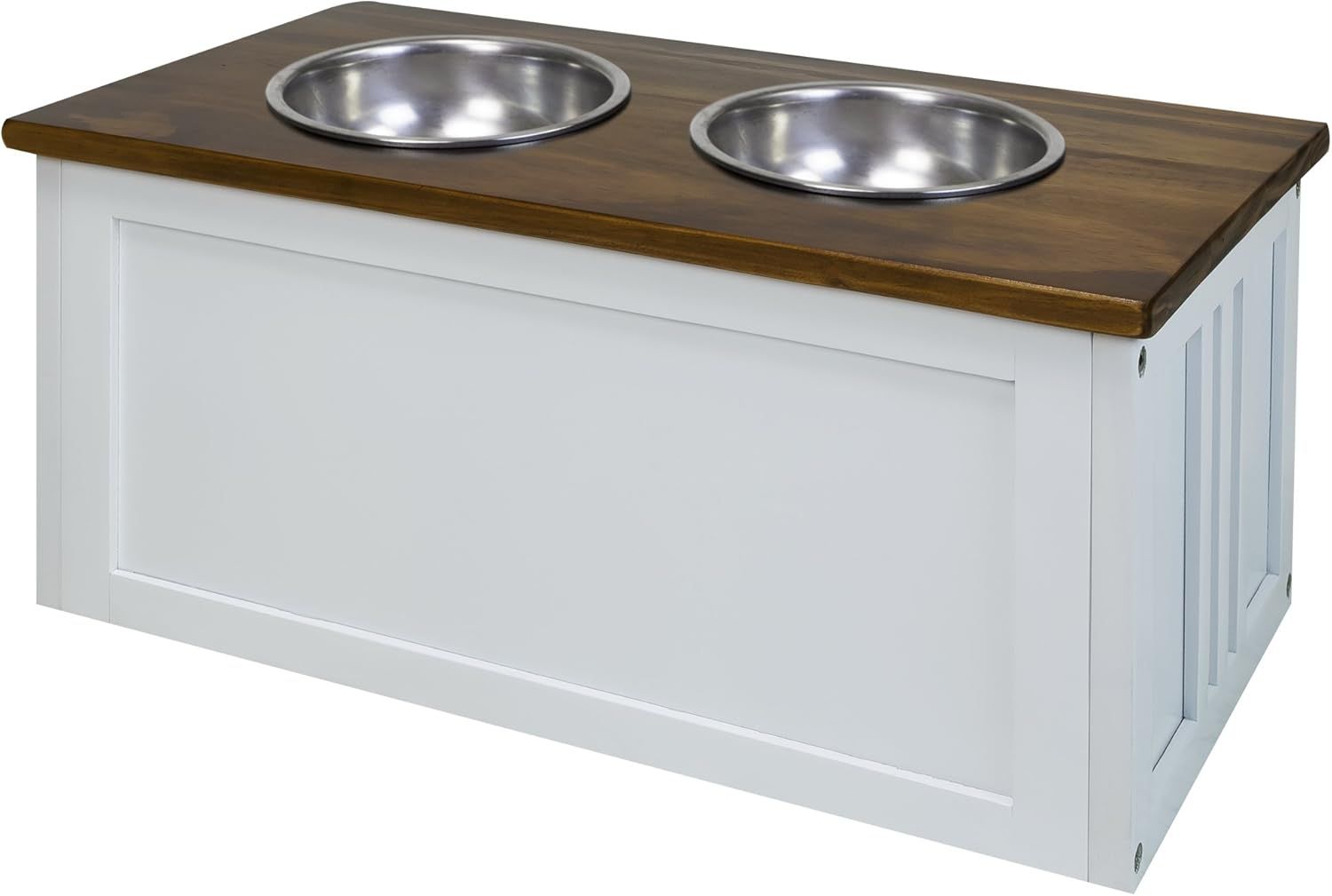 Two-Tone White and Brown Wooden Pet Feeder with Storage