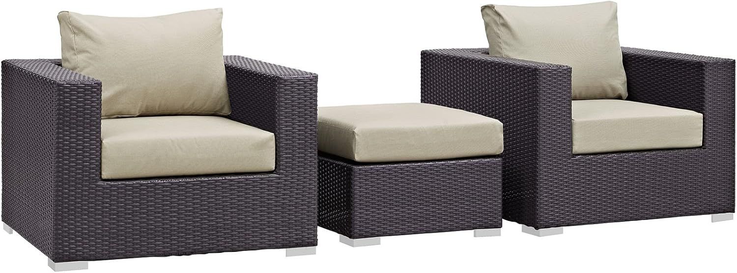 Espresso Beige Wicker Rattan 3-Piece Outdoor Sofa Set