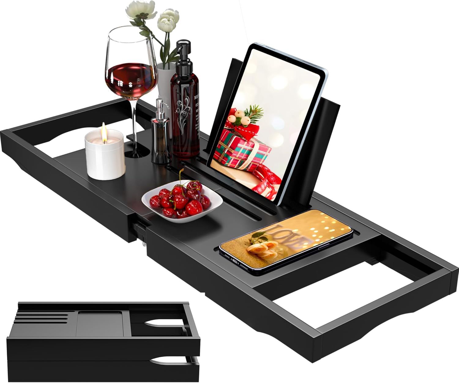 Black Bamboo Expandable Bathtub Caddy Tray with Book Holder