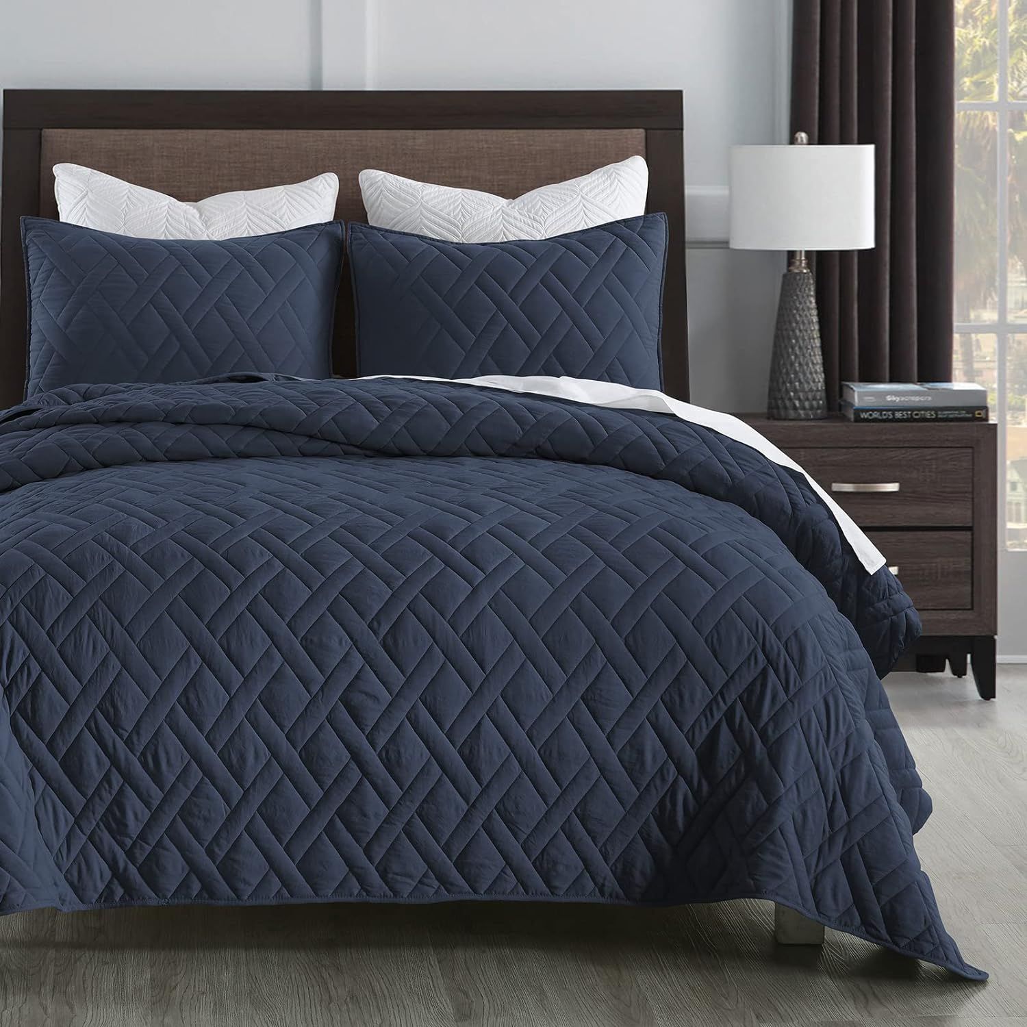 Navy Blue Reversible Microfiber Full Quilt Set