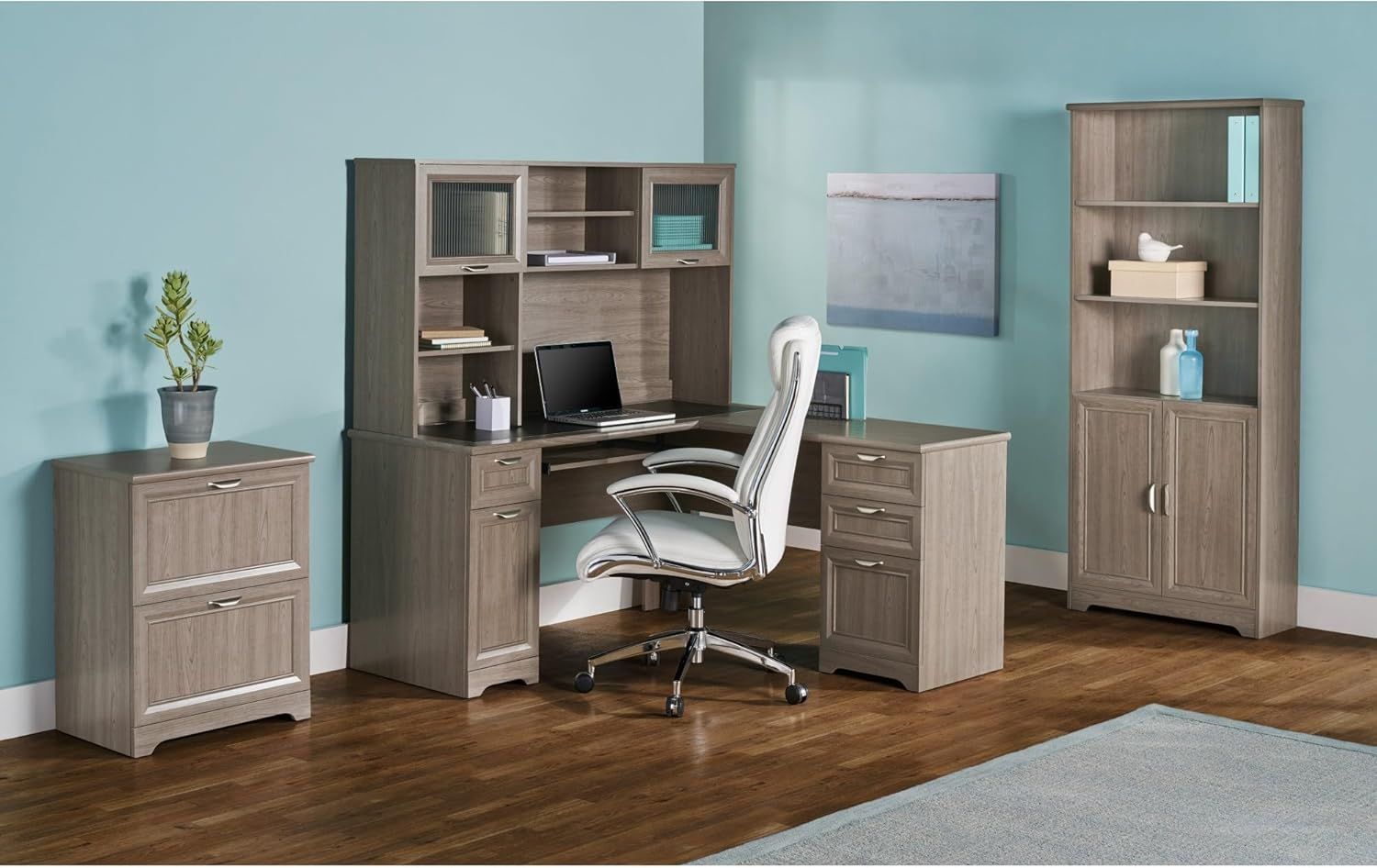 Modern Gray L-Shaped Corner Computer Desk with Keyboard Tray and Drawers