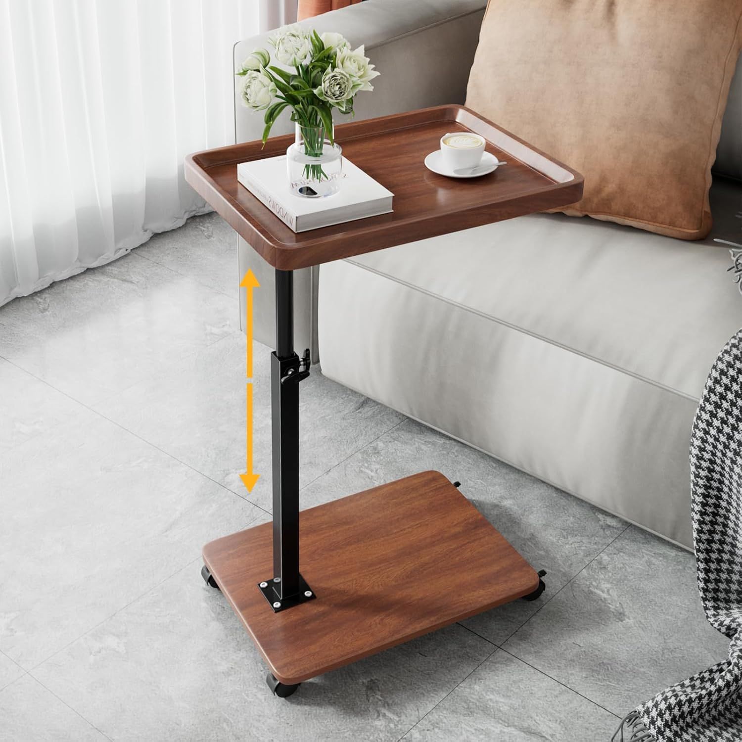 Adjustable Walnut Brown C-Shaped Side Table with Swivel Top