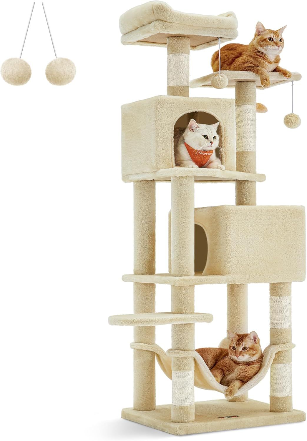 Beige 61-Inch Multi-Level Plush Cat Tree with Sisal Posts