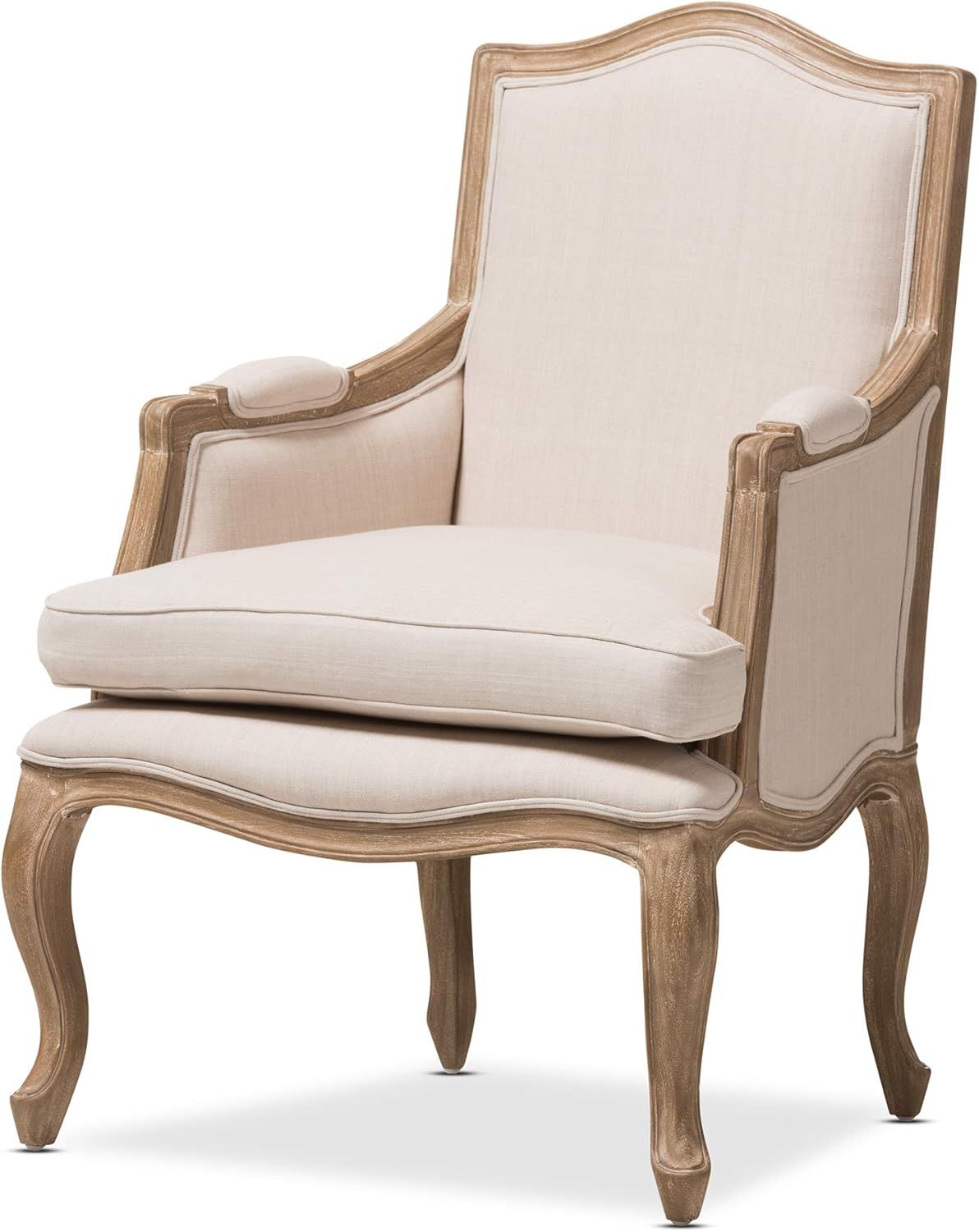 Beige Linen and Distressed Wood French Accent Chair