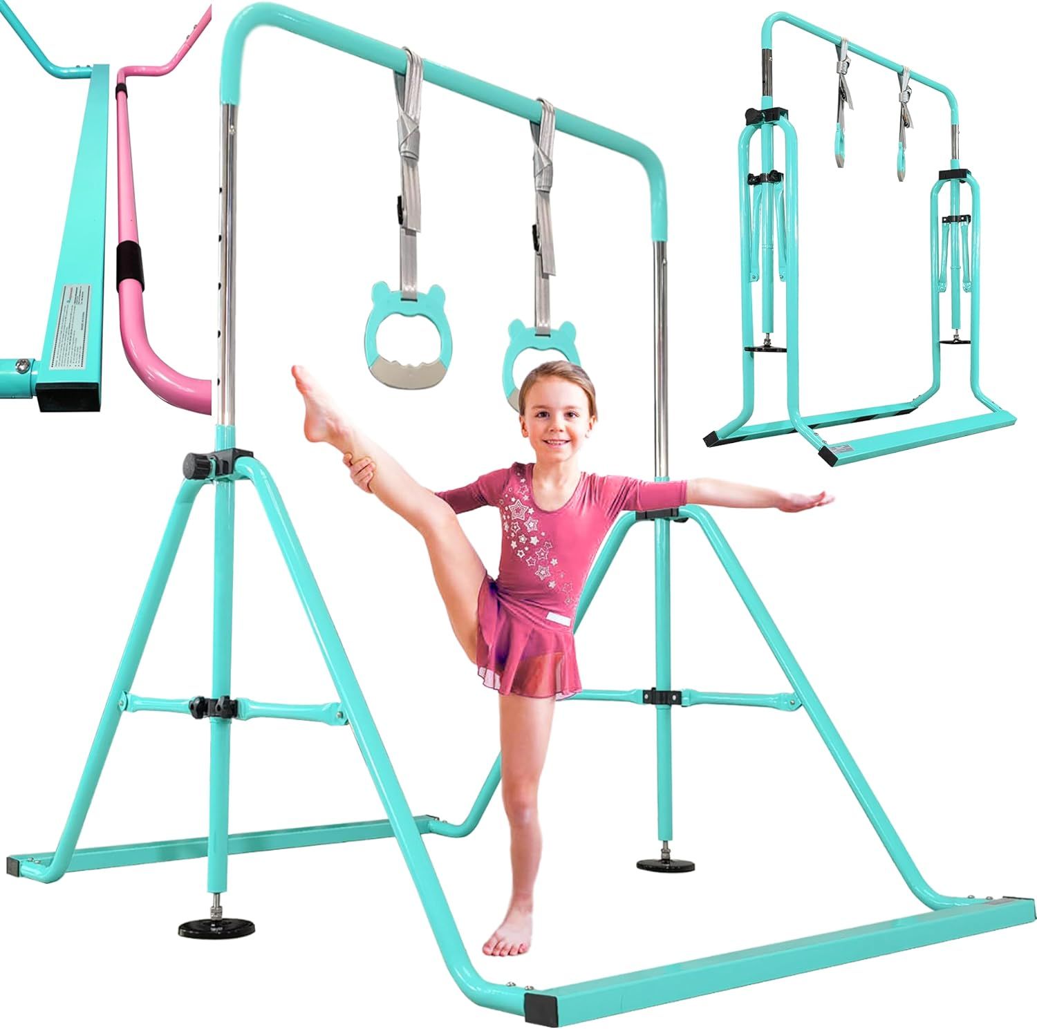 Aqua and Pink Foldable Gymnastics Training Bar with Rings