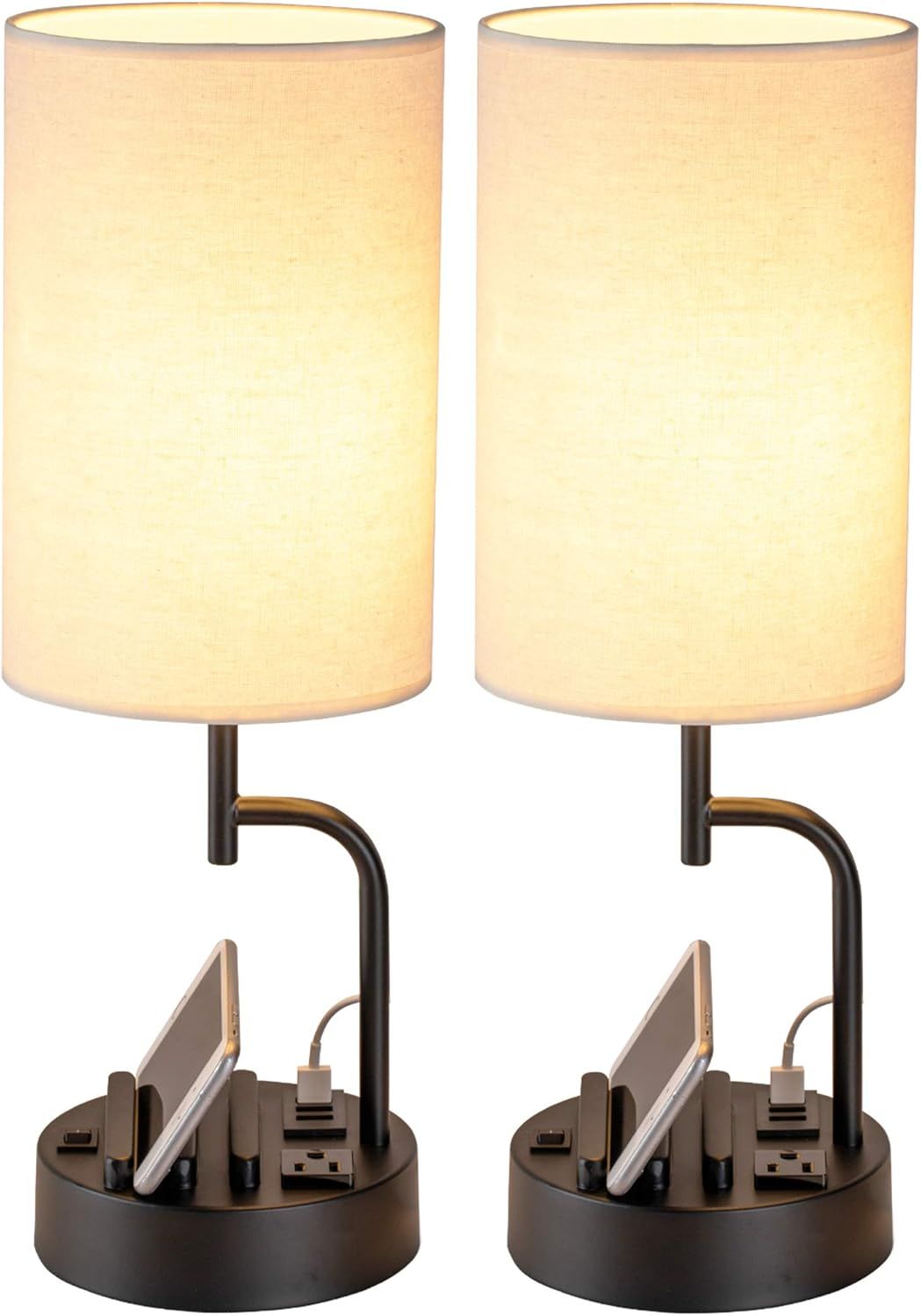 Modern Black Metal Table Lamp with USB Ports and Linen Shade, Pack of 2