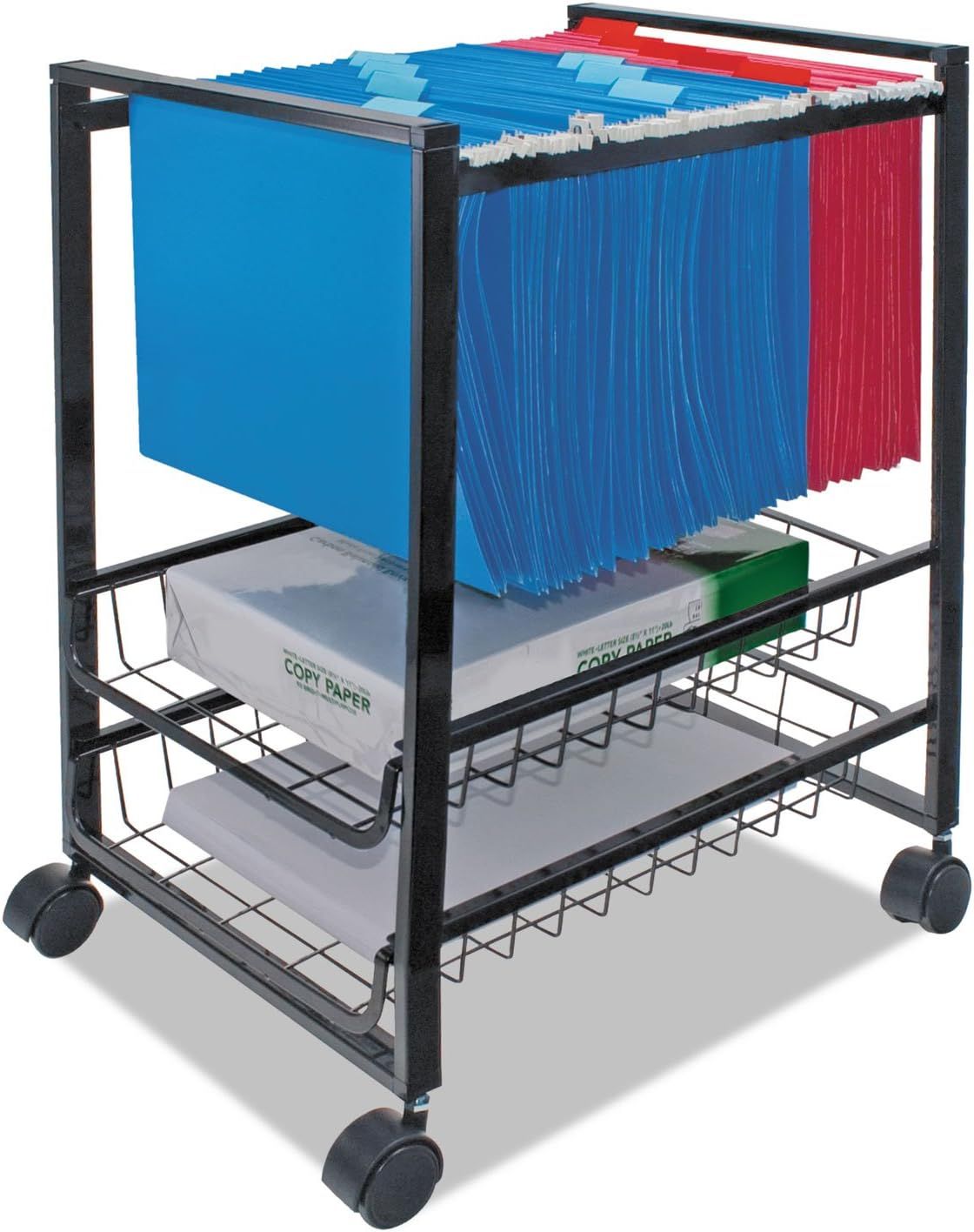 Black Steel Mobile File Cart with Dual-Wheel Casters