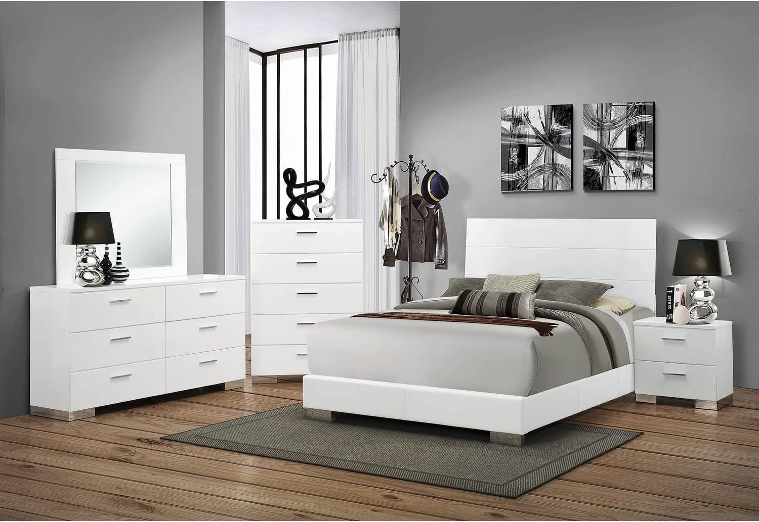 Glossy White Queen 5-Piece Bedroom Set with LED Mirror