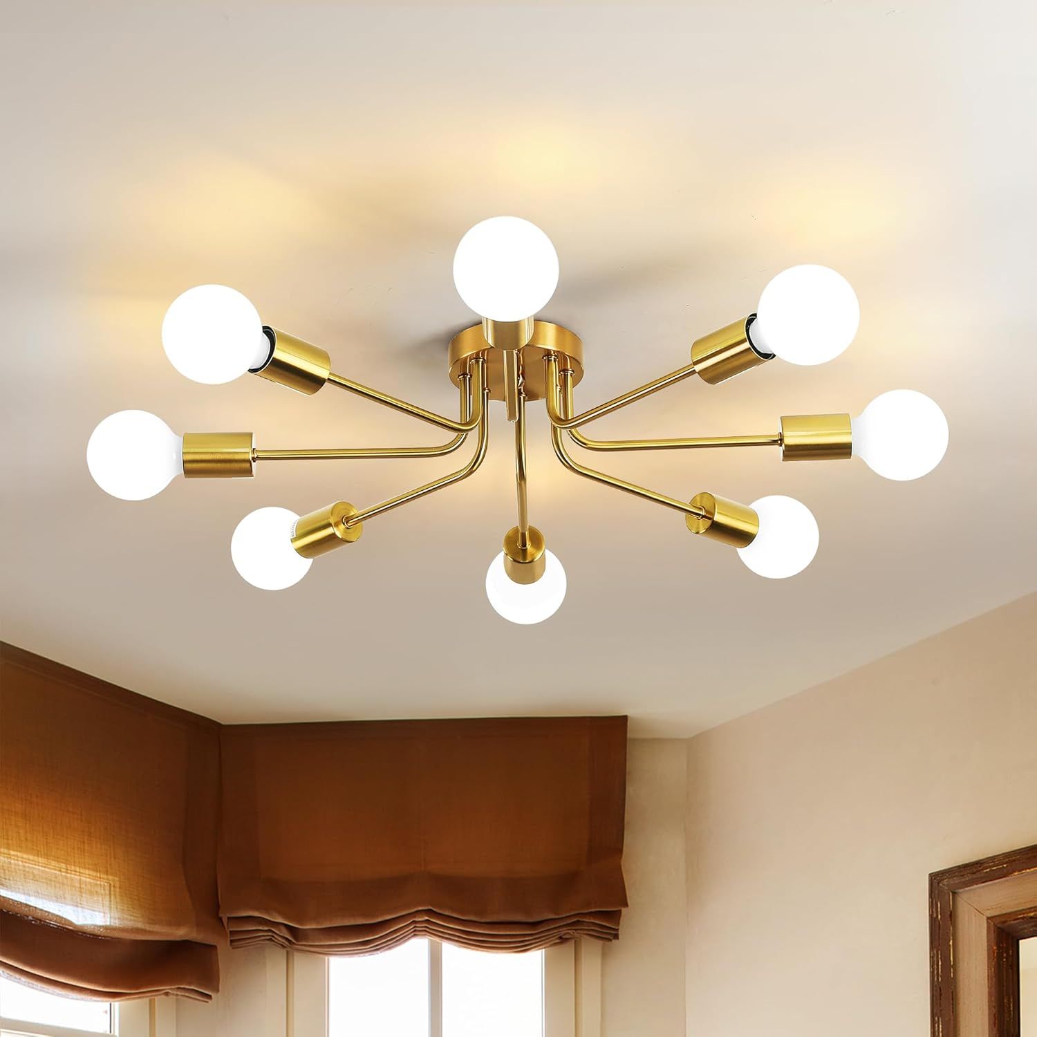 Gold Metal 8-Light Sputnik Semi Flush Mount Ceiling Light