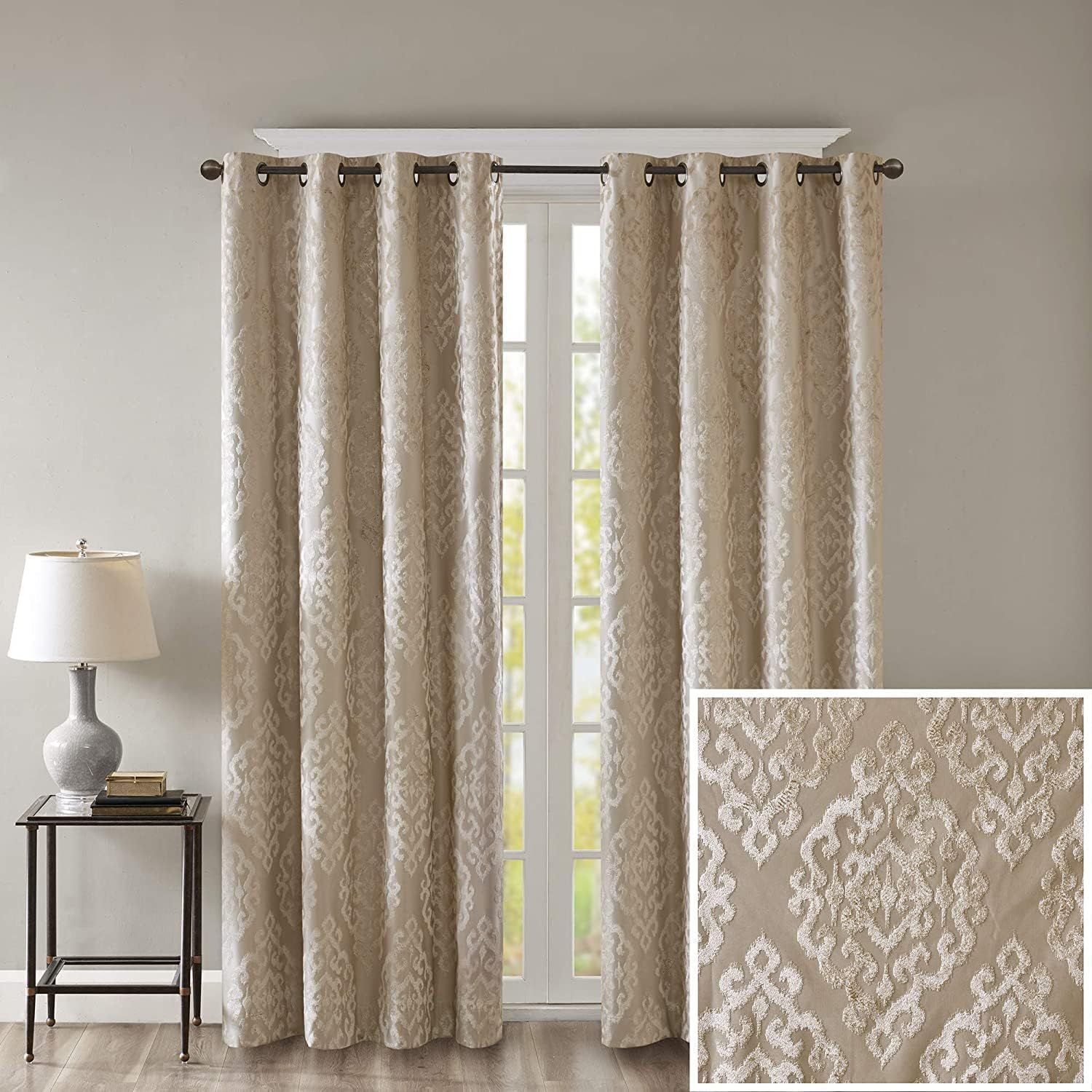 Champagne Jacquard Damask Blackout Grommet Top Drapes, 50 x 108 in