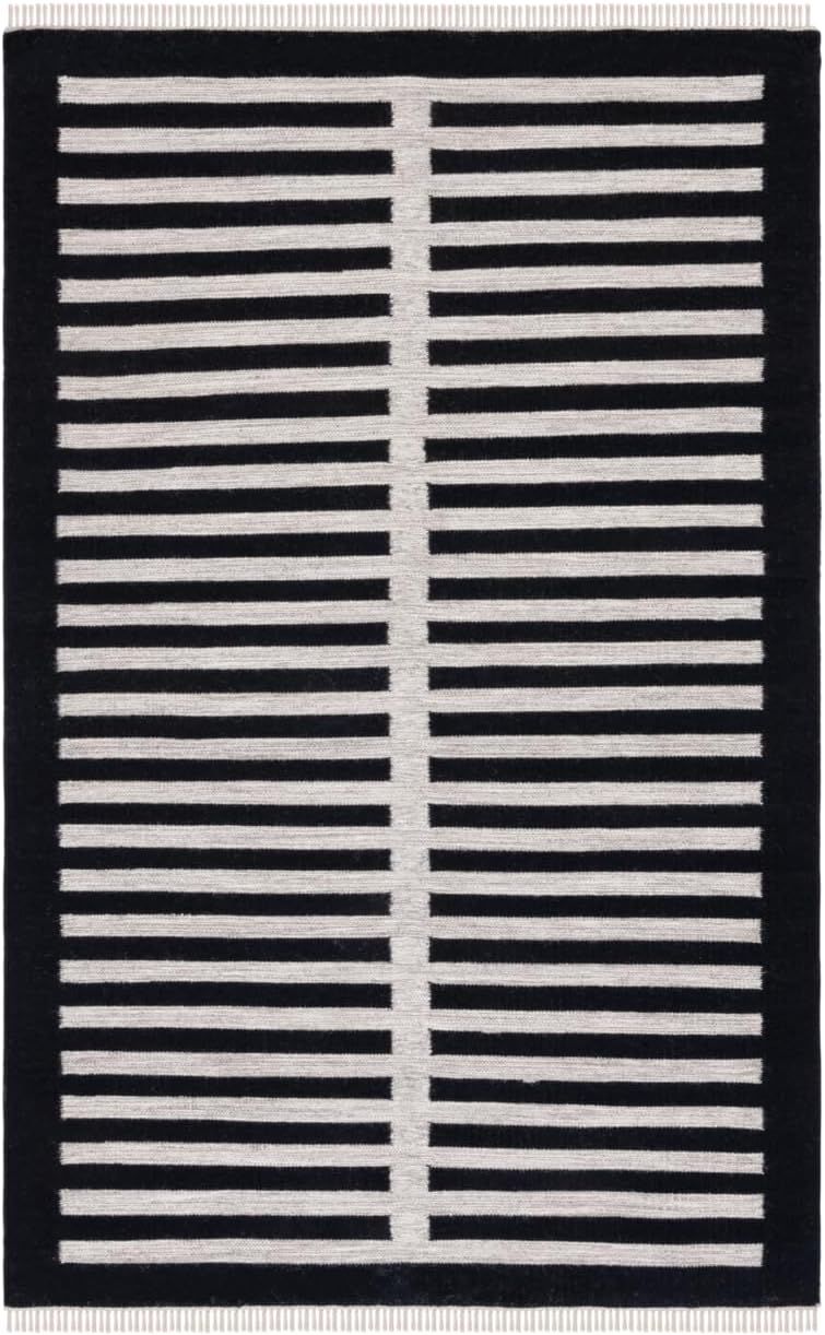 Beige and Black Wool Flat Woven Striped Rug, 3' x 5'