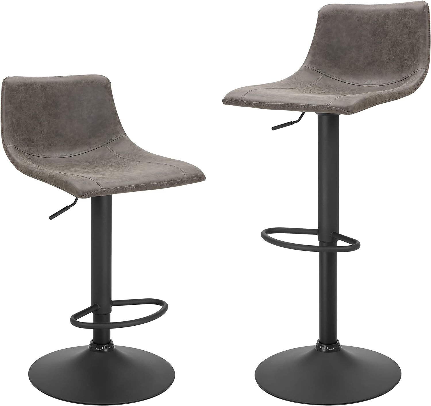 Adjustable Gray Leather Swivel Bar Stools with Metal Base, Set of 2