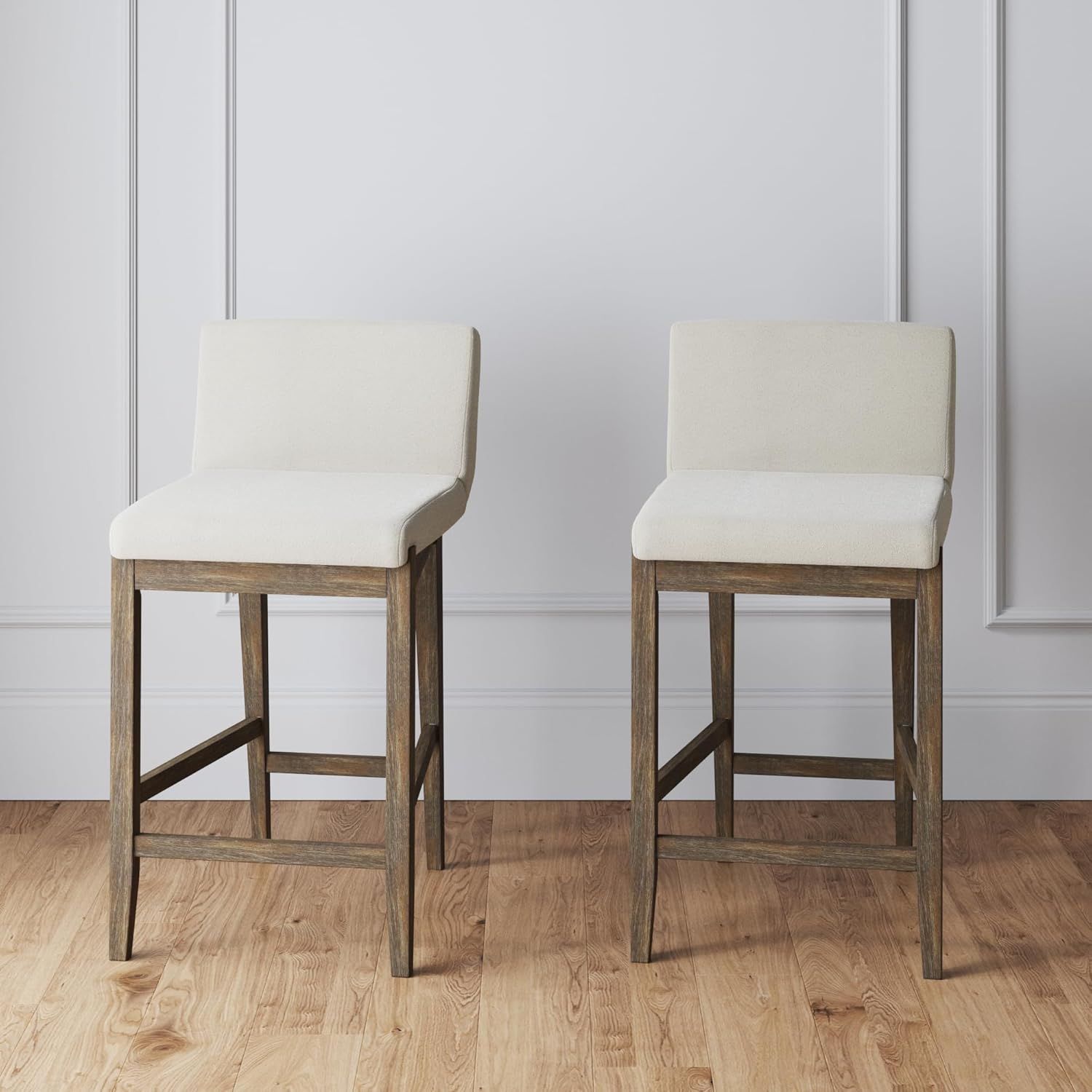 Gracie Dark Brown Wood Counter Bar Stools with White Linen Upholstery