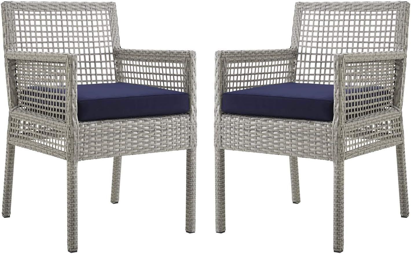 Gray Wicker Rattan Outdoor Dining Chairs with Navy Cushions