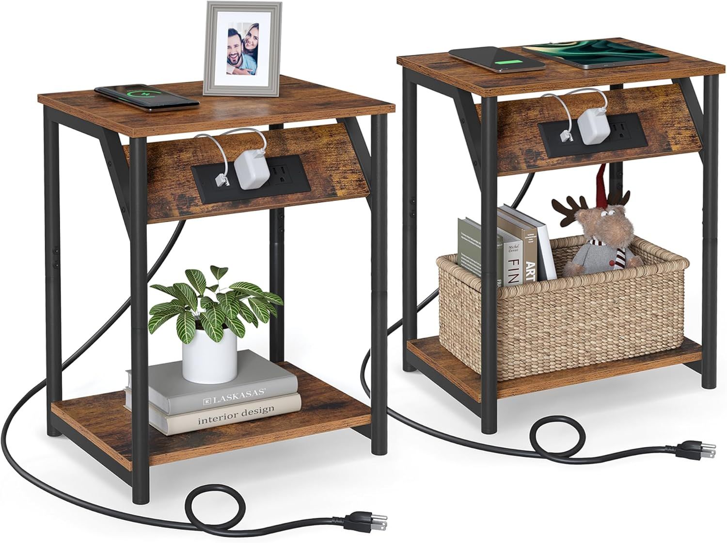 Rustic Brown and Black Metal End Table with Charging Station