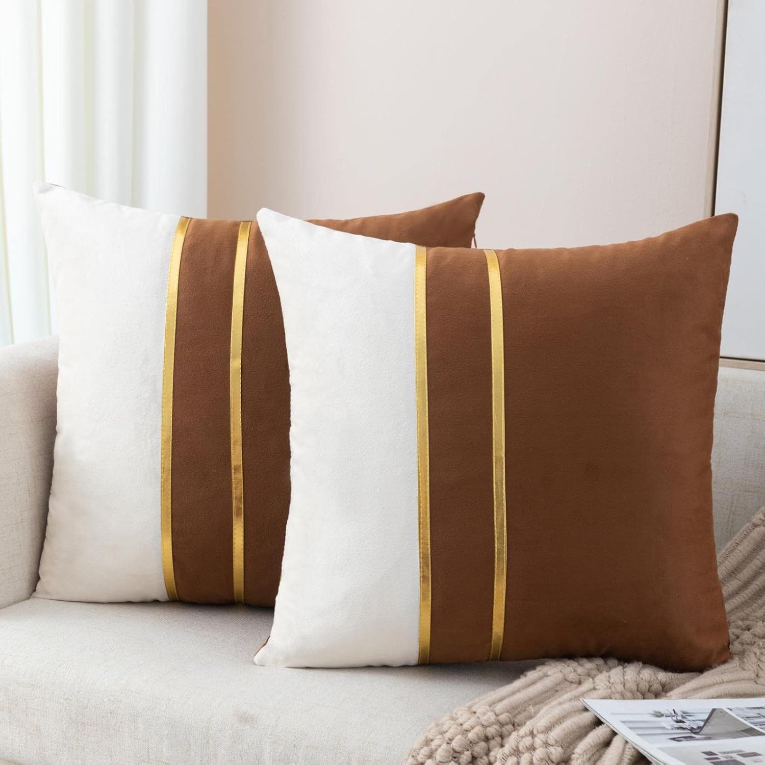 Set of 2 Brown and White Velvet Throw Pillows with Gold Stripes