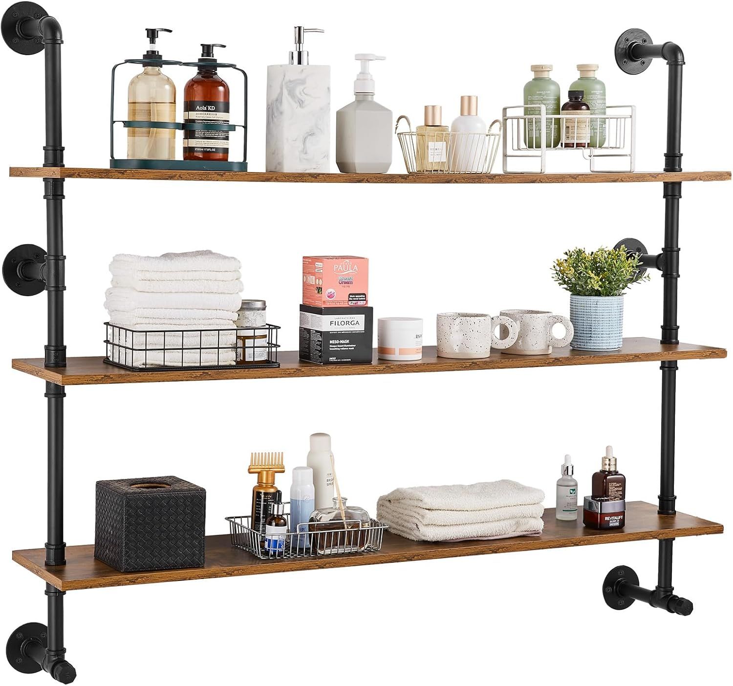 Industrial Black Metal and Wood 3-Tier Wall-Mount Shelf