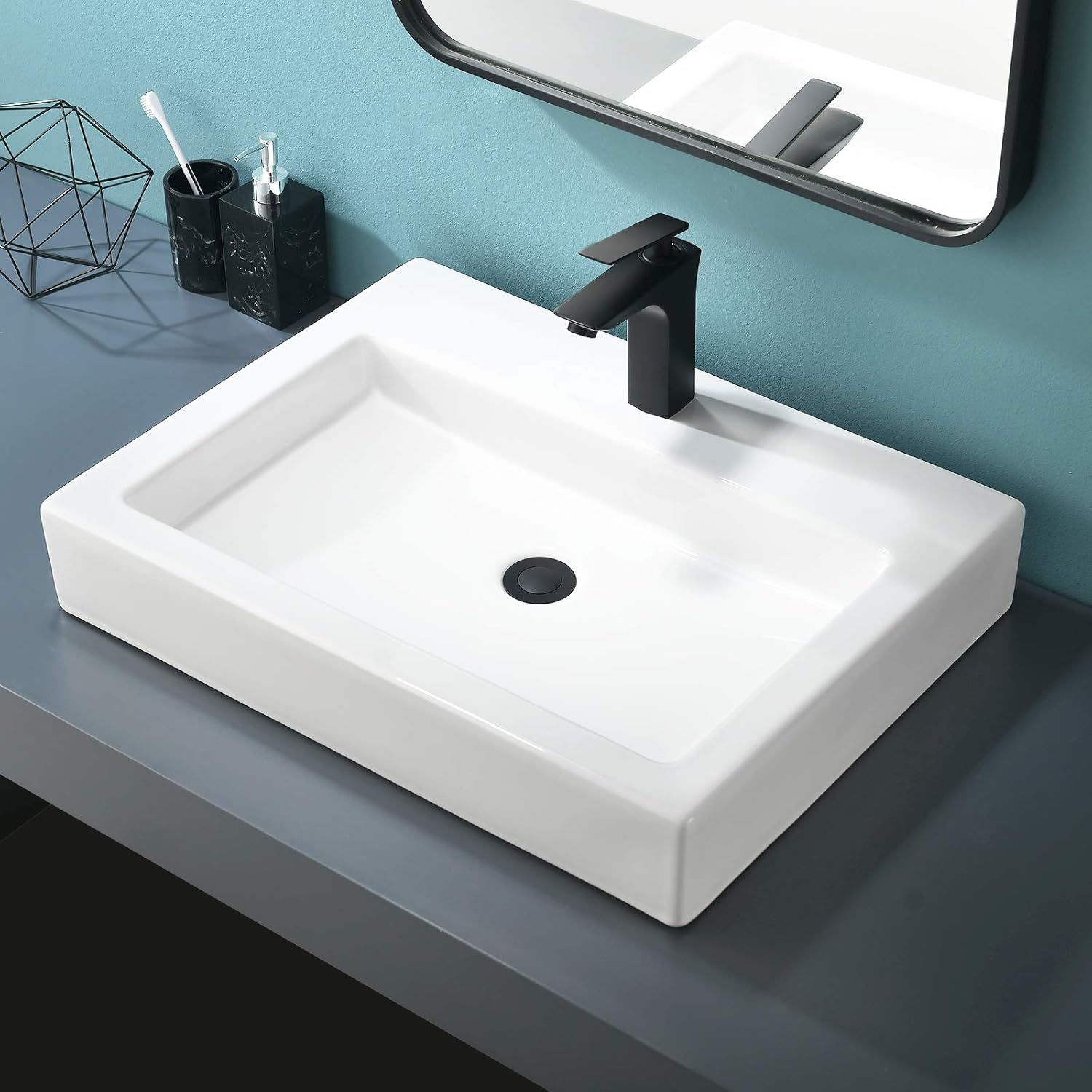 Rectangular White Ceramic Above-Counter Bathroom Sink with Faucet Hole