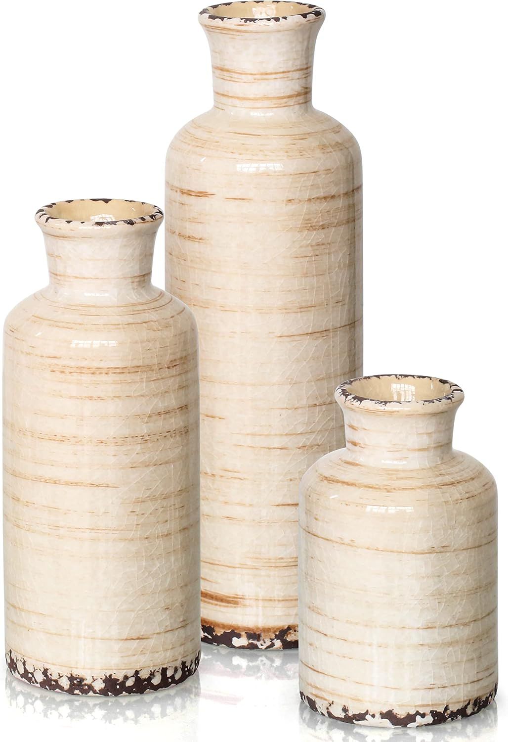 Rustic Beige Ceramic Crackle Finish Decorative Vase Set