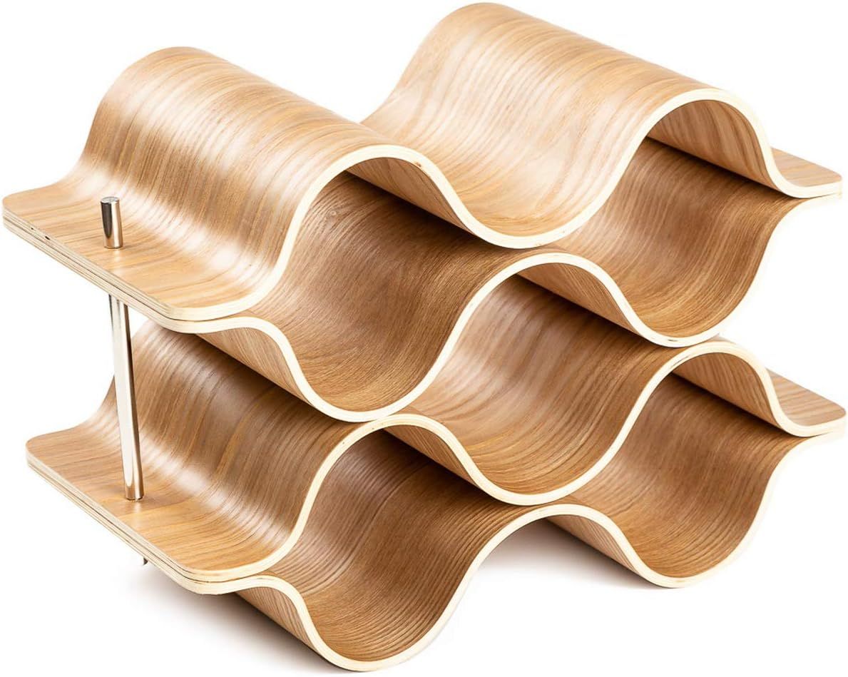 Natural Wood 6-Bottle Wave Desktop Wine Rack with Chrome Connectors